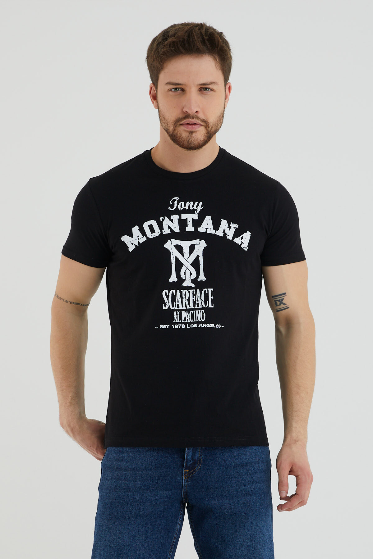 Tony Montana Yazılı Baskılı Bisiklet Yaka Slim Fit Tshirt