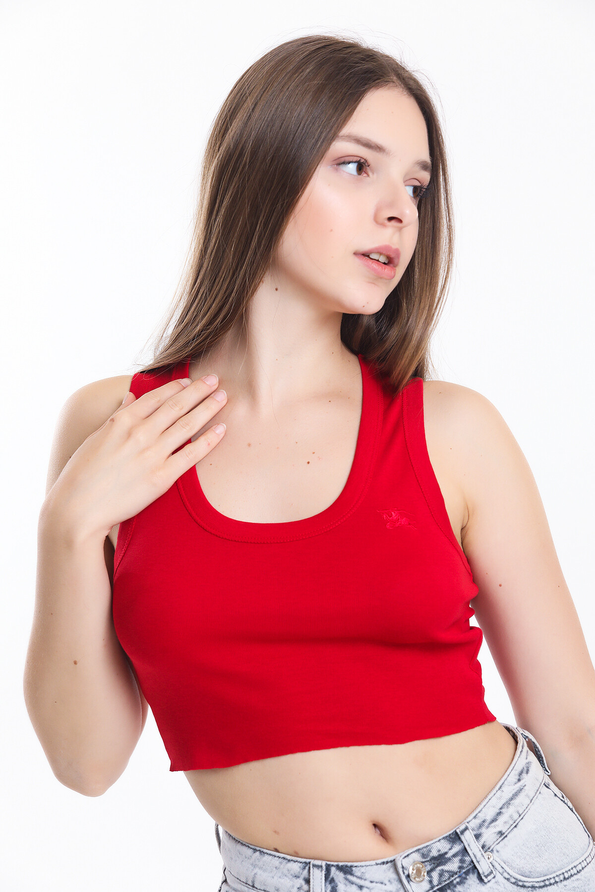 U Yaka Nakış Detaylı Kolsuz Crop Bluz