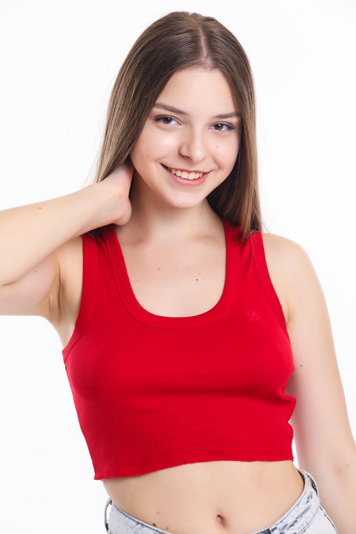 U Yaka Nakış Detaylı Kolsuz Crop Bluz