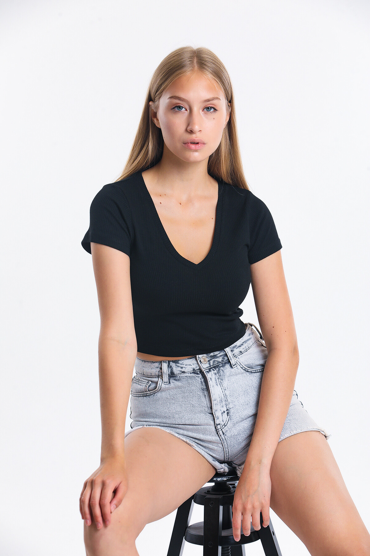 V Yaka Kaşkorseli Crop Bluz