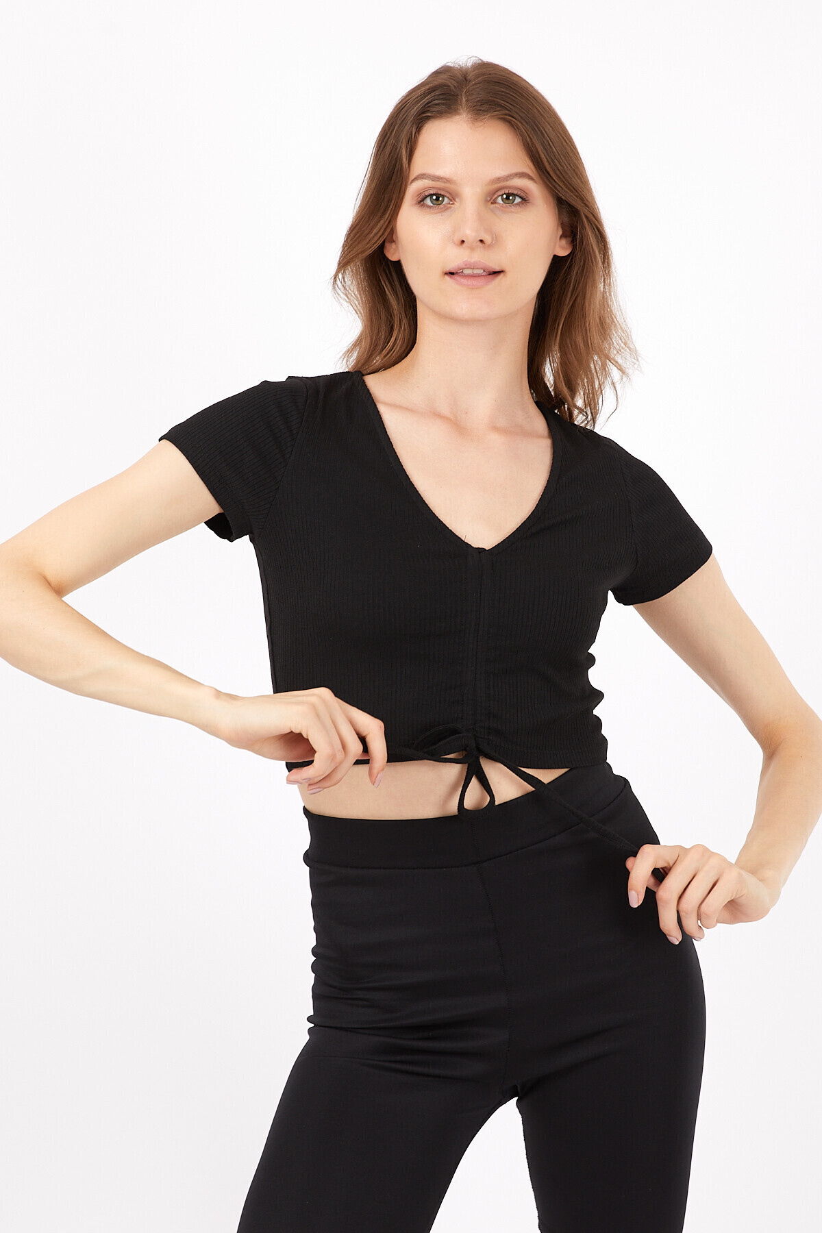 V Yaka Kısa Kol Kaşkorseli Eteği Bağcıklı Tshirt