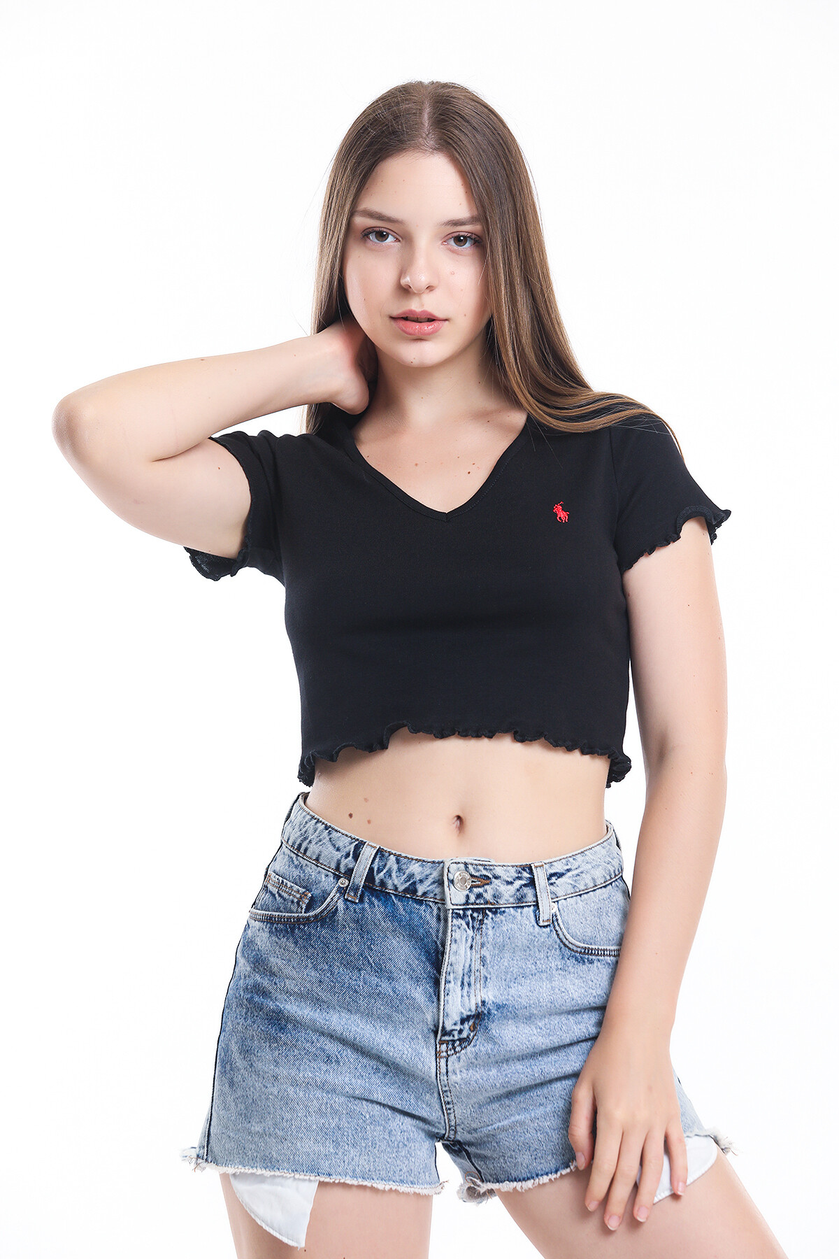 V Yaka Kolu ve Eteği Büzgülü Crop Bluz