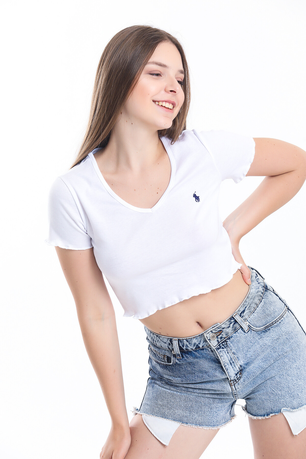 V Yaka Kolu ve Eteği Büzgülü Crop Bluz