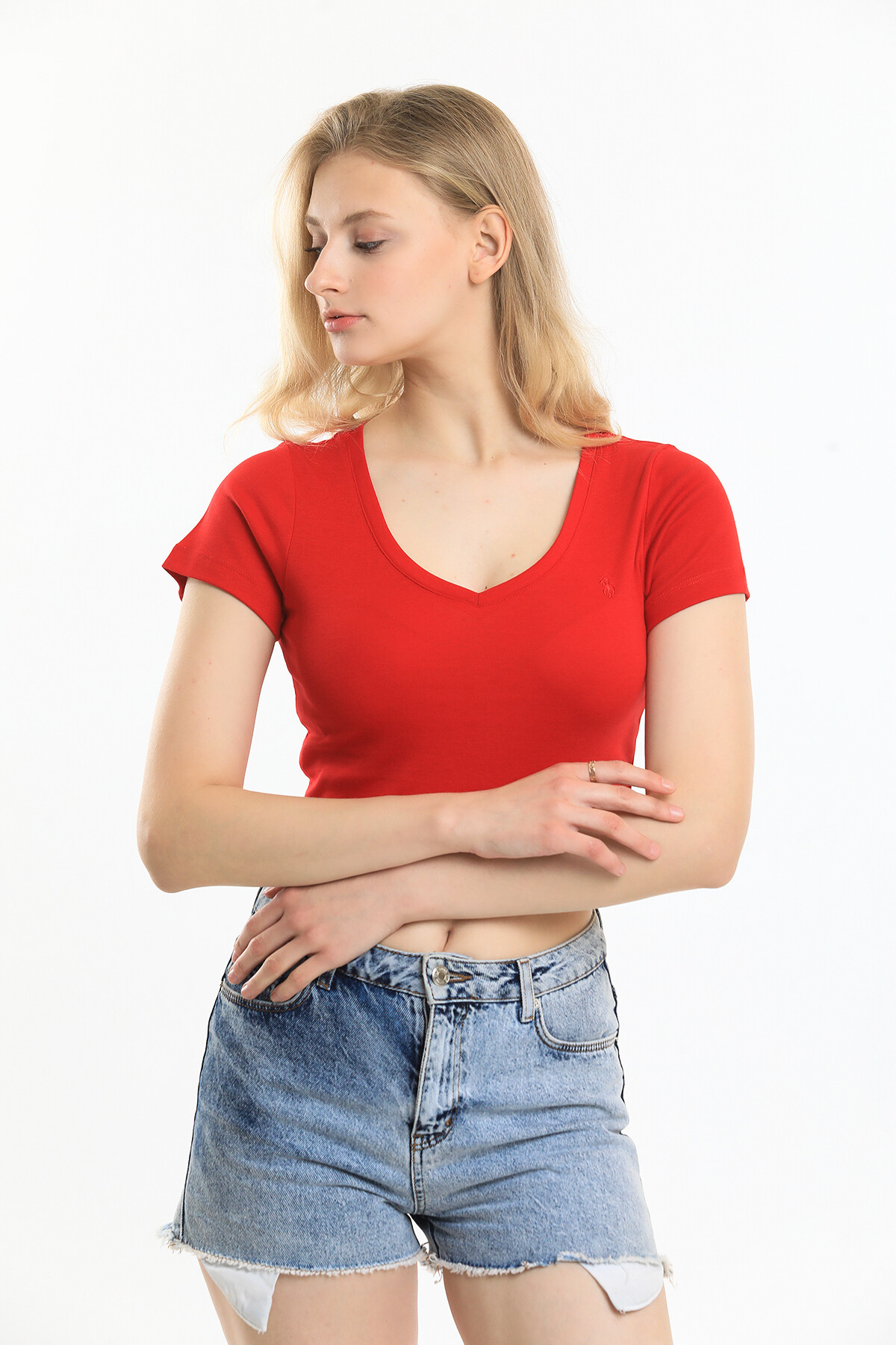 V Yaka Nakış Detaylı Crop Bluz