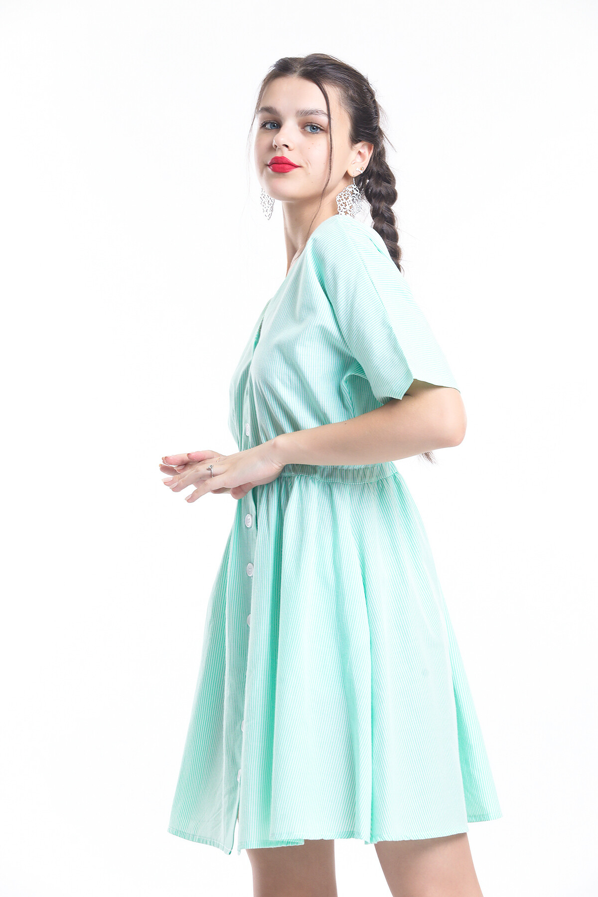 V Yaka Yarasa Kol Önü Düğmeli Beli Büzgülü Çizgili Kısa Elbise