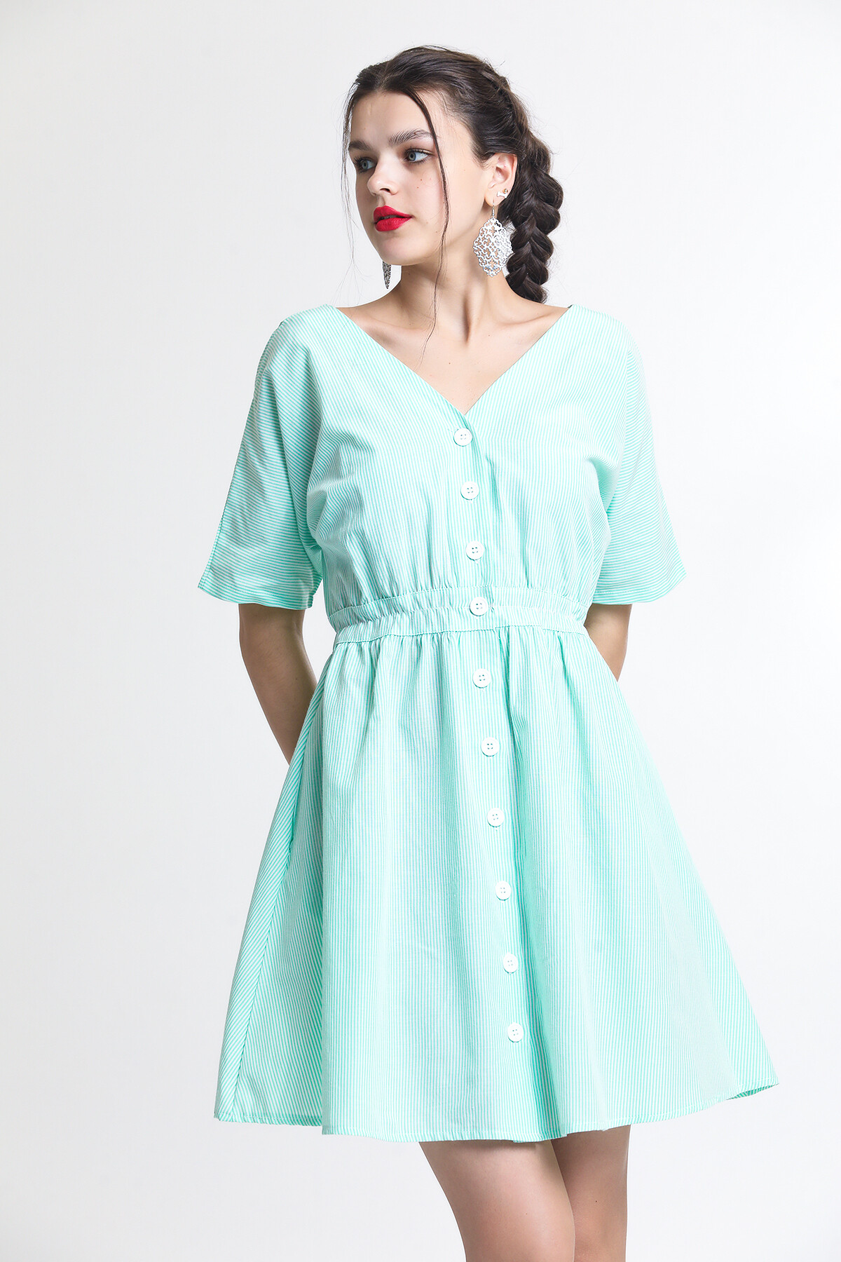 V Yaka Yarasa Kol Önü Düğmeli Beli Büzgülü Çizgili Kısa Elbise