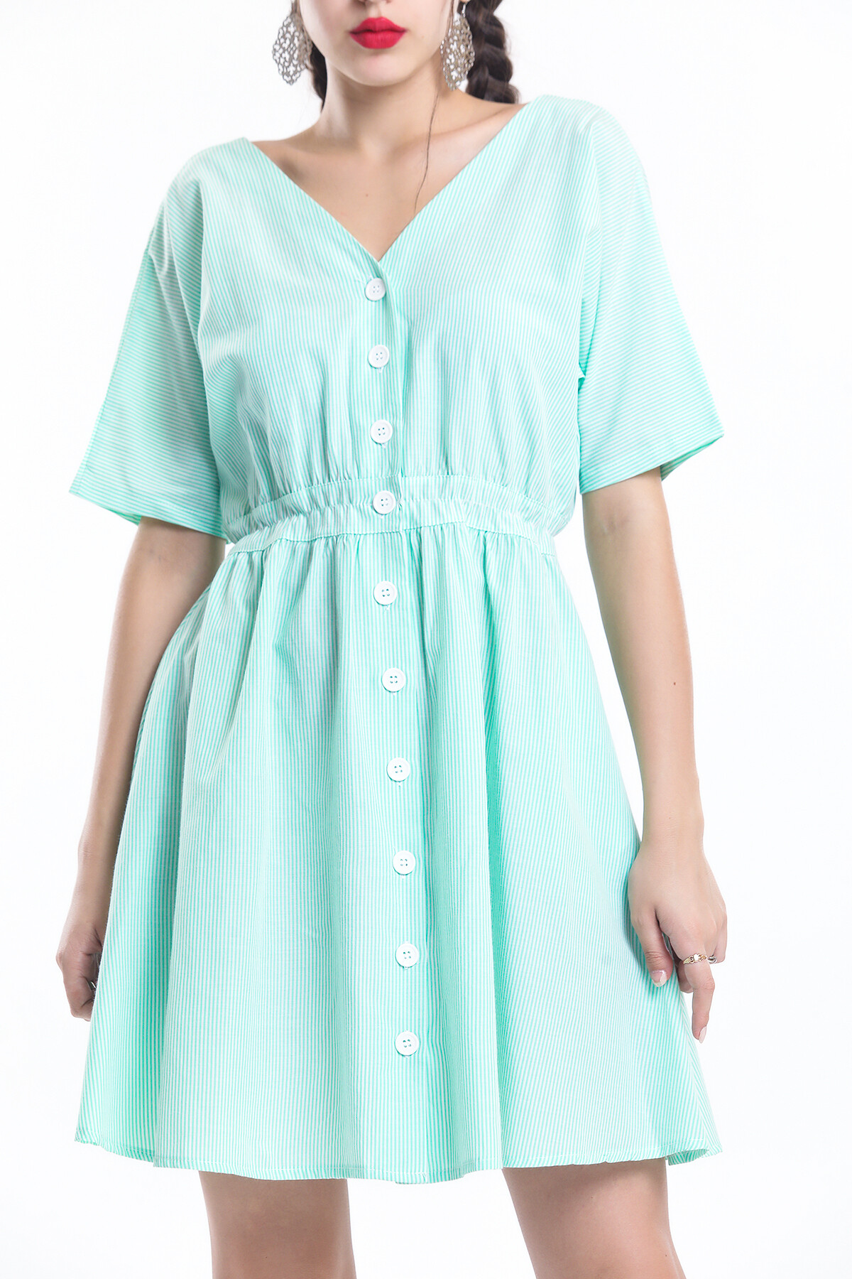 V Yaka Yarasa Kol Önü Düğmeli Beli Büzgülü Çizgili Kısa Elbise