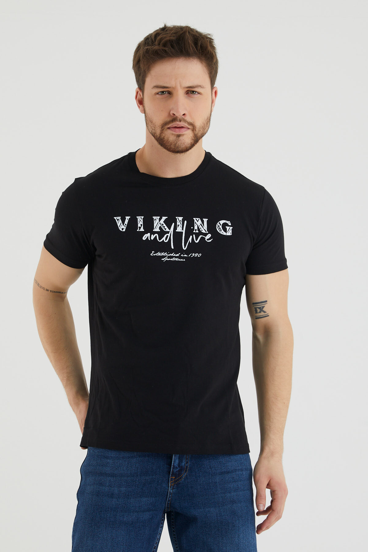 Viking And Live Yazı Baskılı Bisiklet Yaka Battal Tshirt