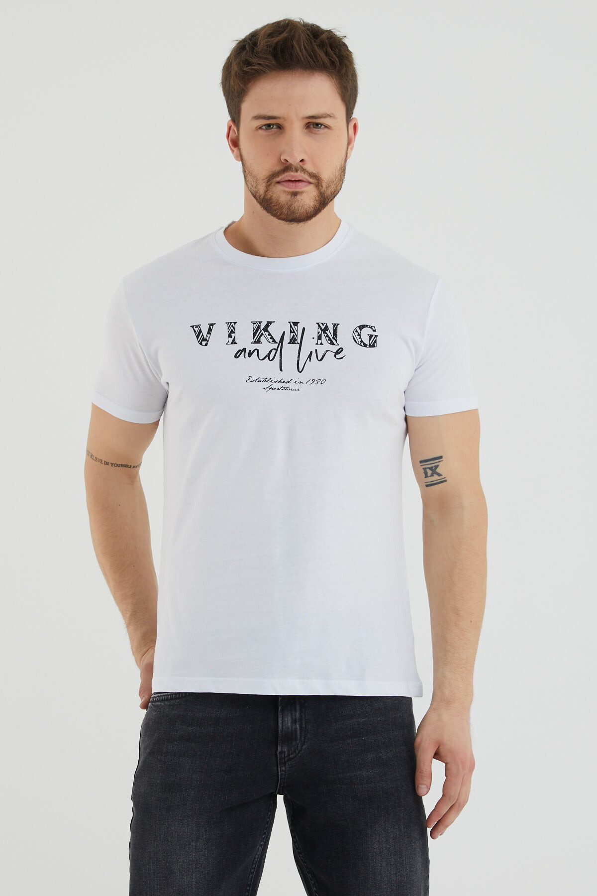 Viking And Live Yazı Baskılı Bisiklet Yaka Battal Tshirt