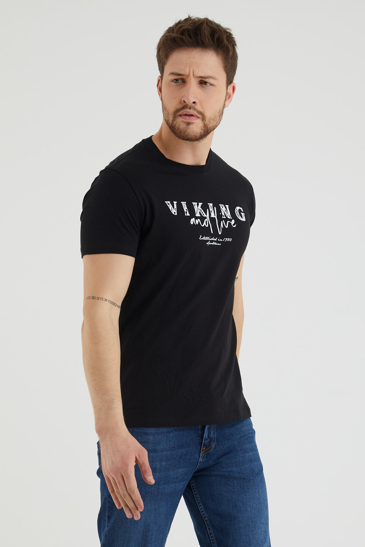 Viking And Live Yazı Baskılı Bisiklet Yaka Slim Fit Tshirt
