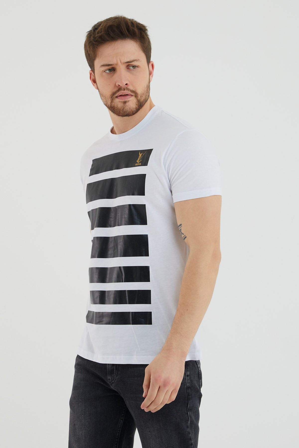 Viking Logolu Şerit Baskılı Bisiklet Yaka Slim Fit Tshirt
