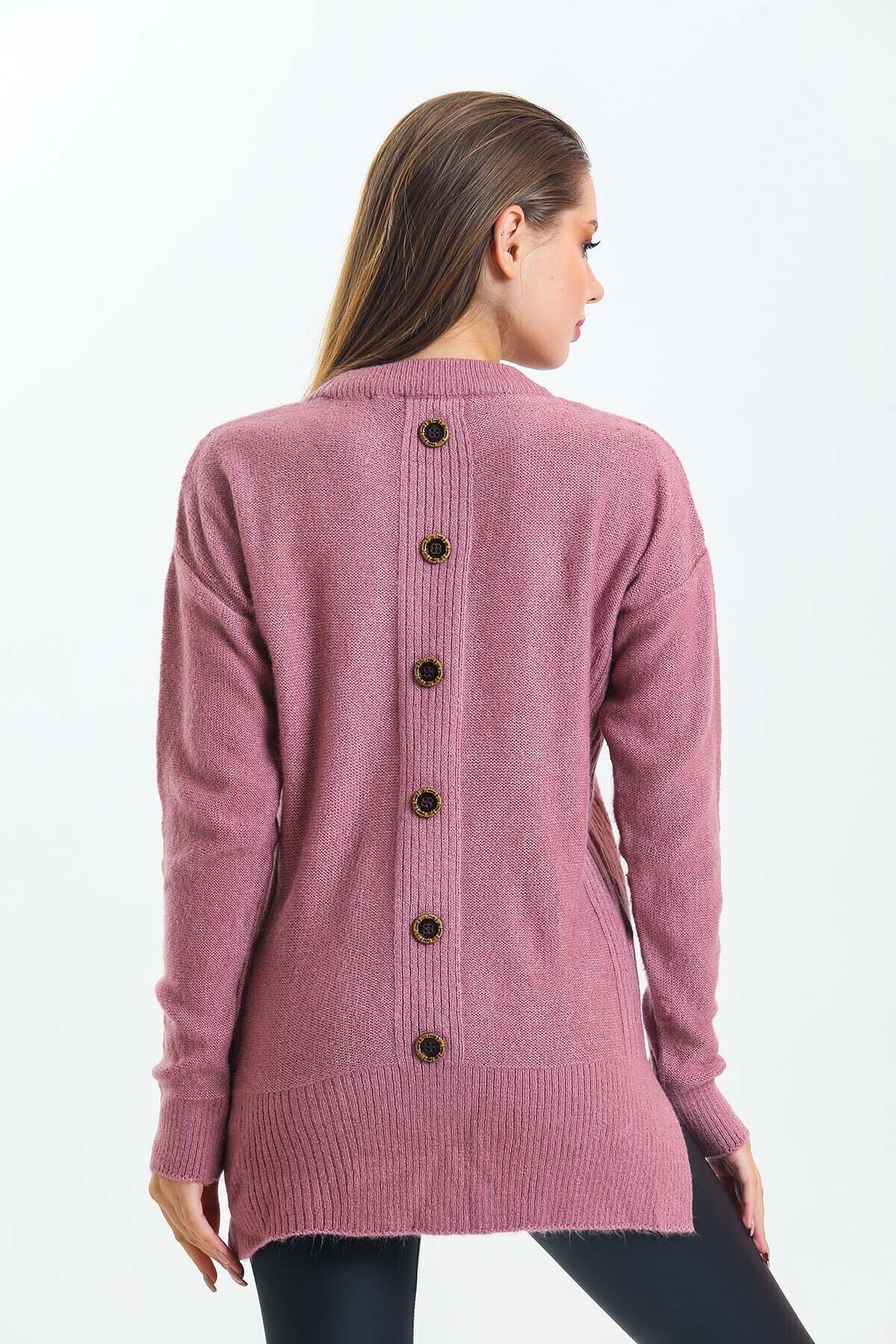 Arkası Düğme Detaylı Önü Kısa Yarasa Kol Triko Kazak