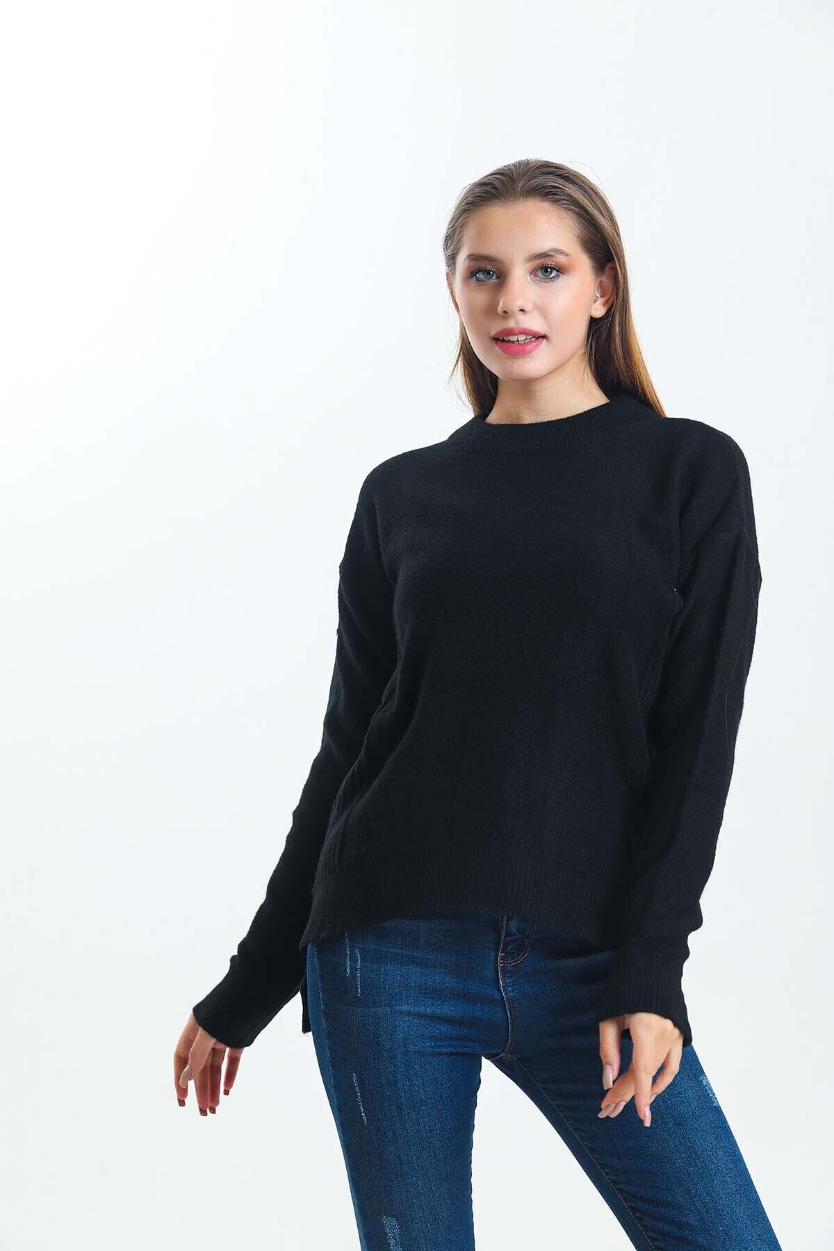 Arkası Düğme Detaylı Önü Kısa Yarasa Kol Triko Kazak