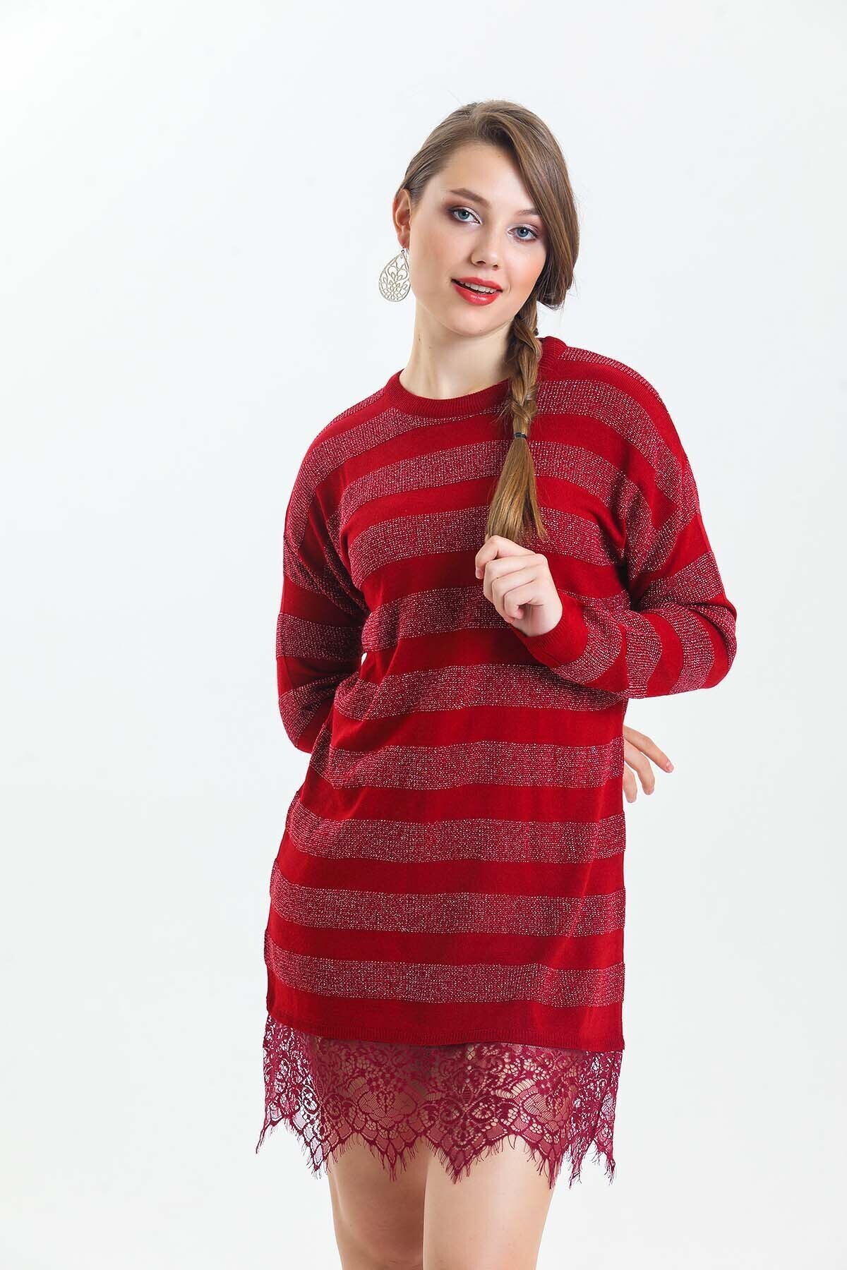 Bisiklet Yaka Eteği Dantelli Çizgili Simli Triko Elbise