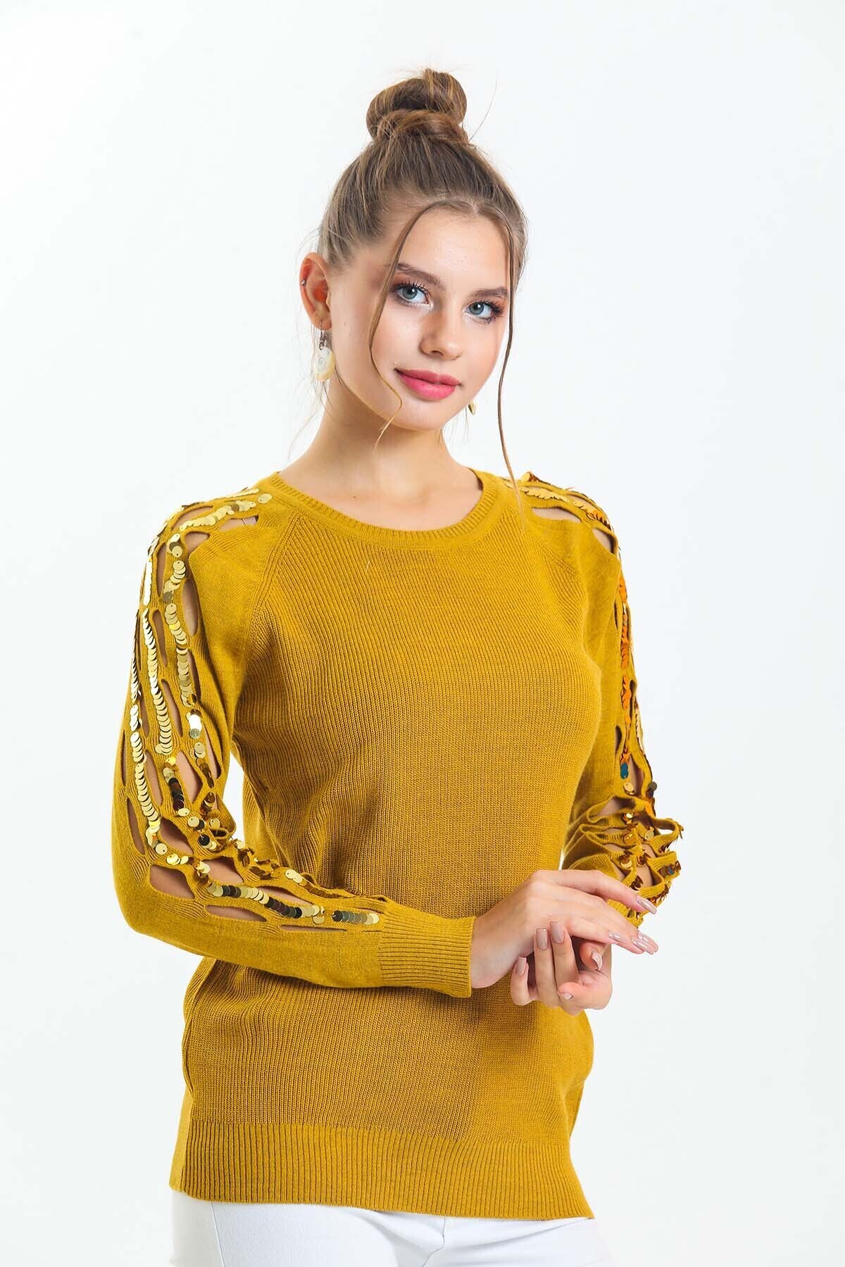 Bisiklet Yaka Kolları Pul Detaylı Triko Kazak