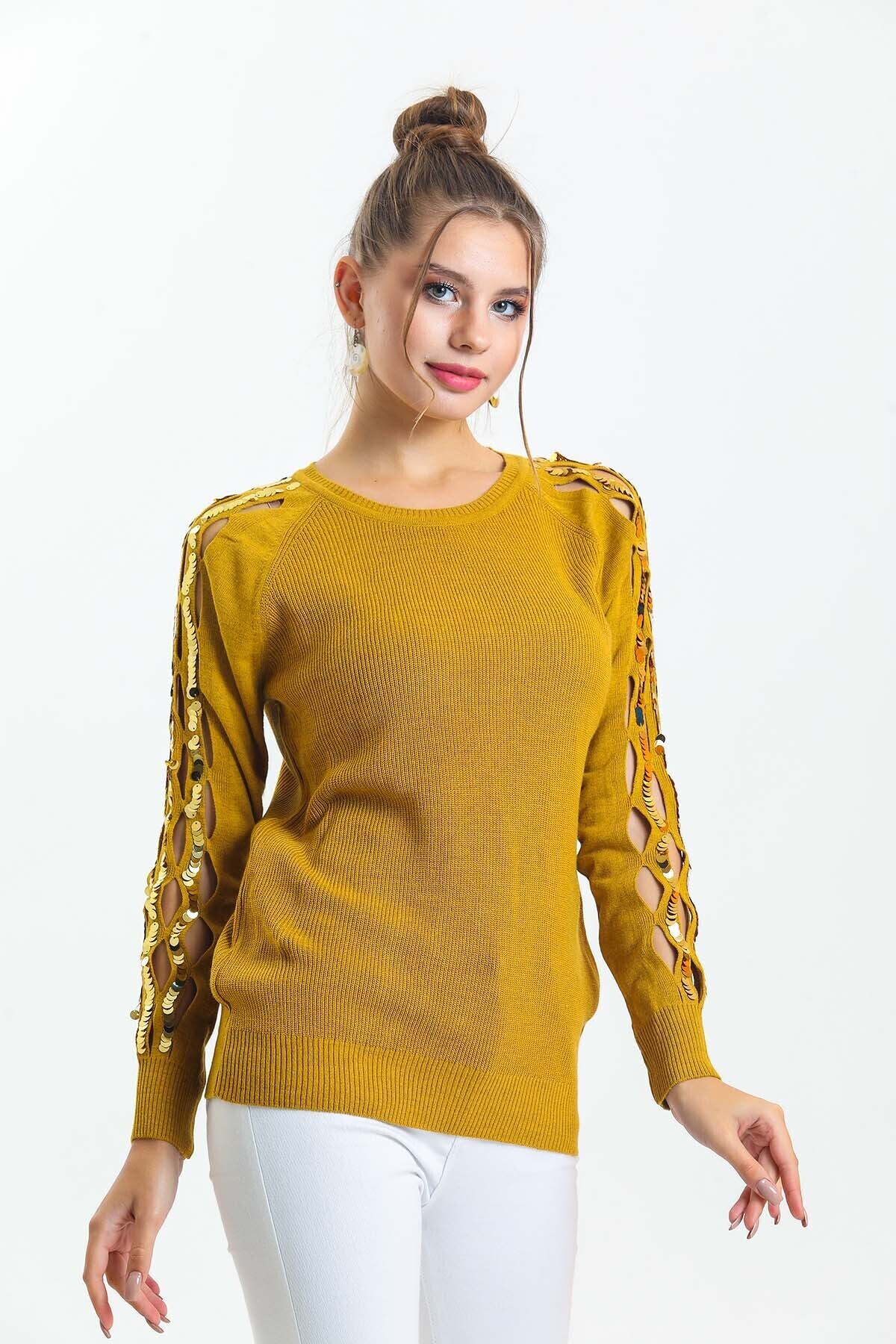 Bisiklet Yaka Kolları Pul Detaylı Triko Kazak