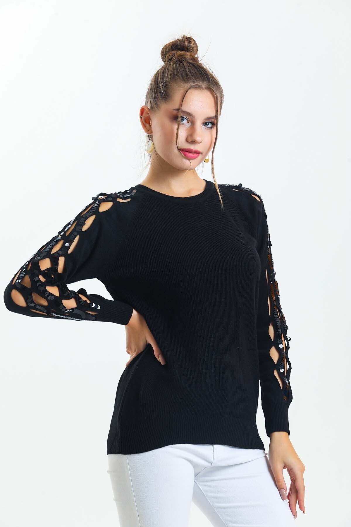 Bisiklet Yaka Kolları Pul Detaylı Triko Kazak