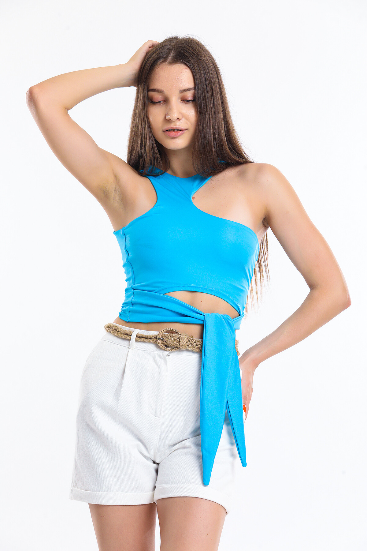 Eteği Bağlamalı Dekolteli Crop Bluz