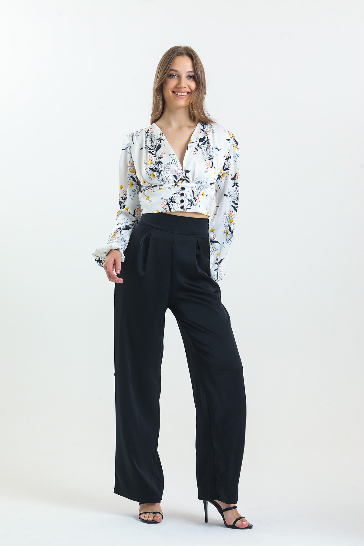 Kadın Balon Kol Çiçek Desenli Saten İkili Takım