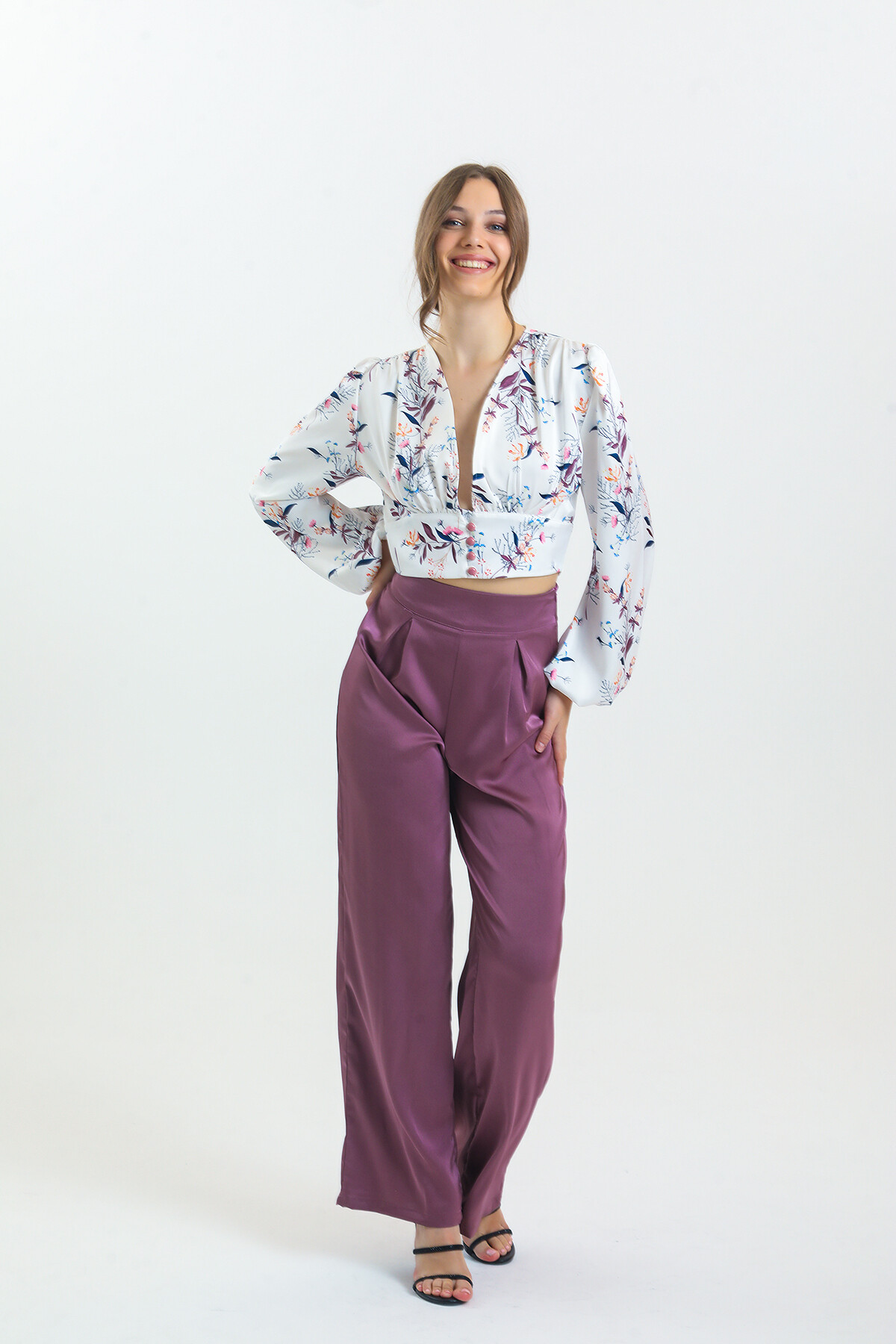 Kadın Balon Kol Çiçek Desenli Saten İkili Takım