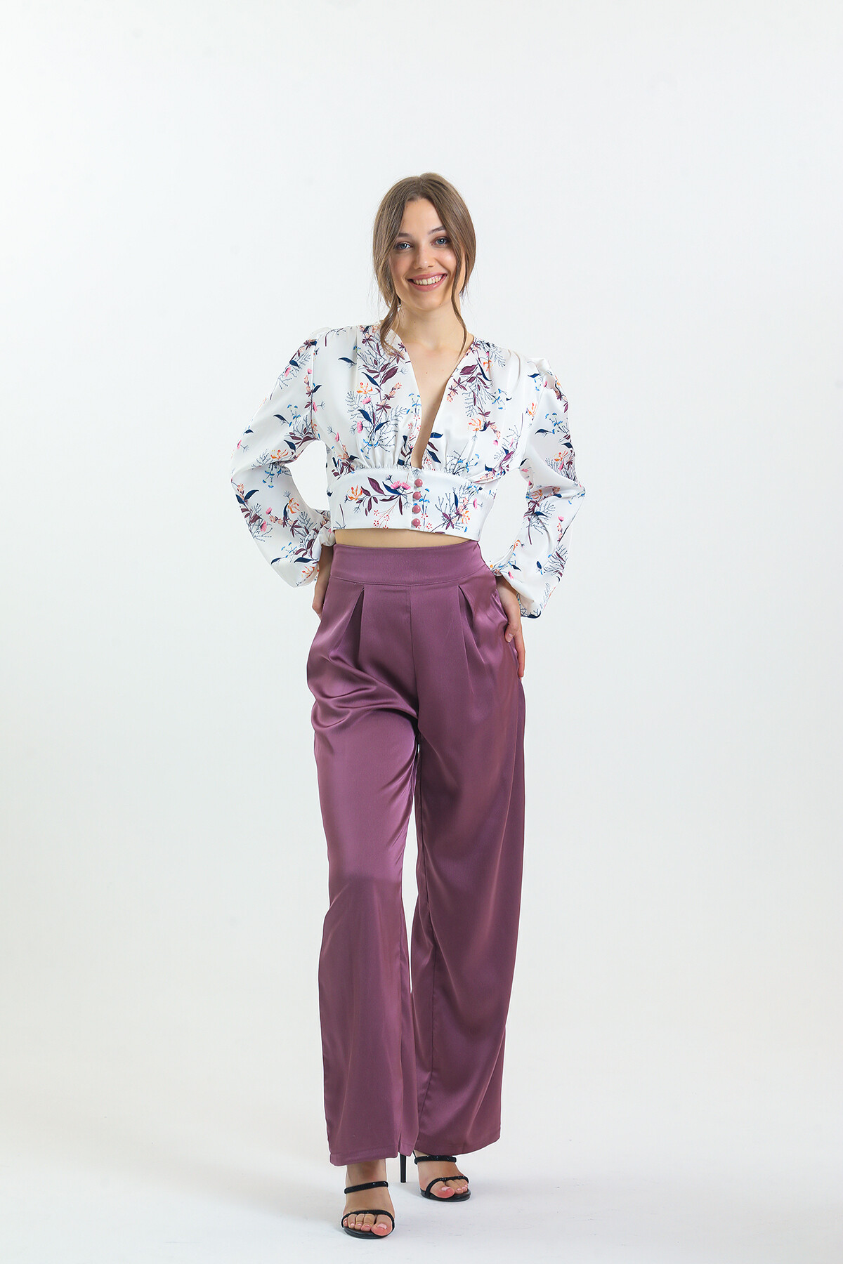 Kadın Balon Kol Çiçek Desenli Saten İkili Takım