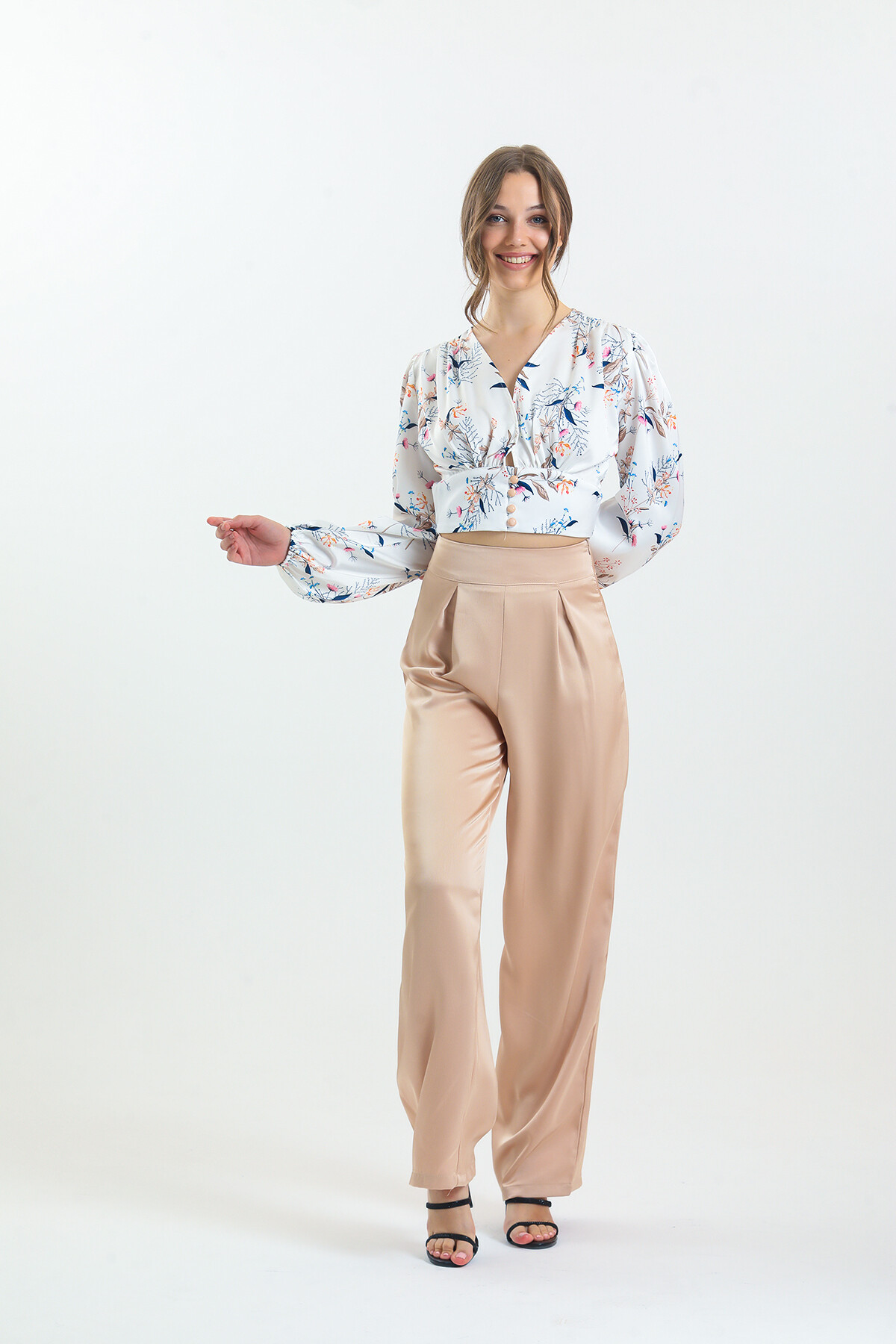 Kadın Balon Kol Çiçek Desenli Saten İkili Takım