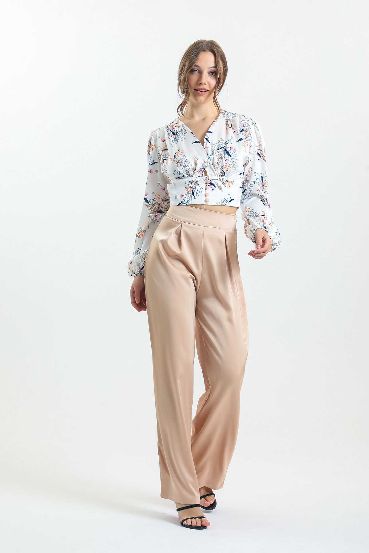 Kadın Balon Kol Çiçek Desenli Saten İkili Takım