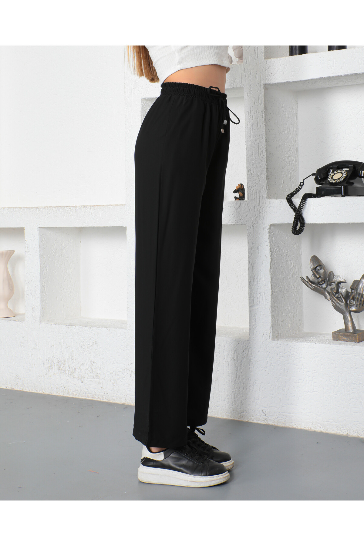 KADIN Bol Paça Beli Lastikli Bağcıklı Rahat Kesim Yüksekbel Pantolon