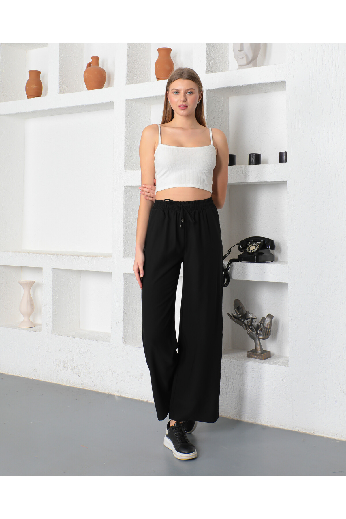 KADIN Bol Paça Beli Lastikli Bağcıklı Rahat Kesim Yüksekbel Pantolon