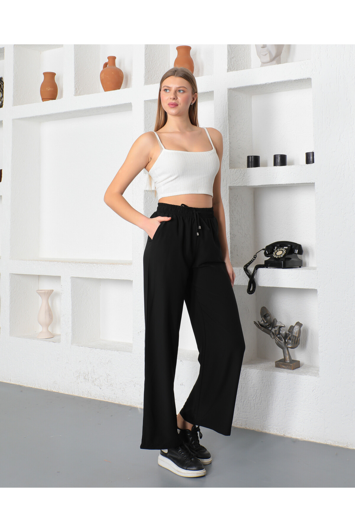 KADIN Bol Paça Beli Lastikli Bağcıklı Rahat Kesim Yüksekbel Pantolon