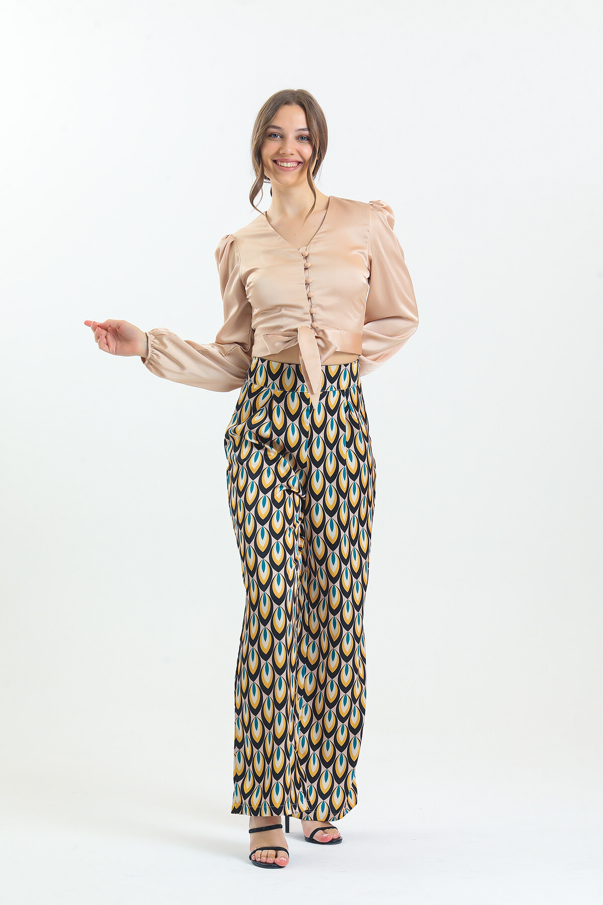 Kadın Etnik Desenli Saten İkili Takım