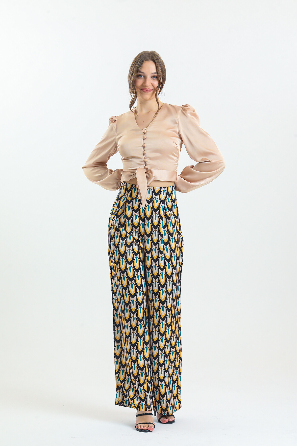 Kadın Etnik Desenli Saten İkili Takım