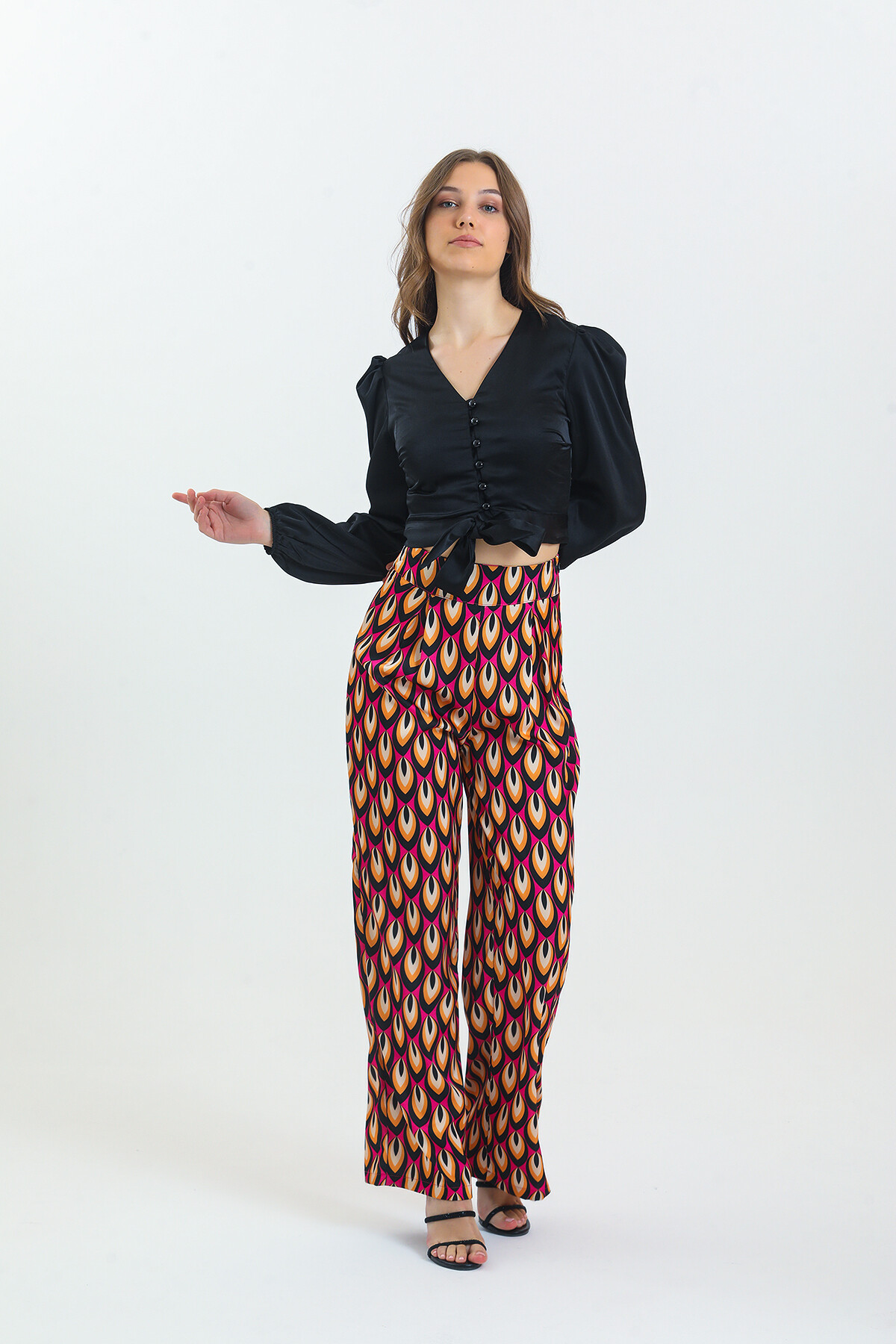 Kadın Etnik Desenli Saten İkili Takım