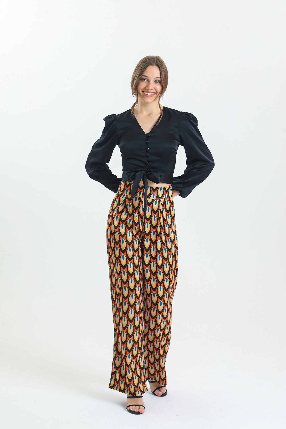 Kadın Etnik Desenli Saten İkili Takım