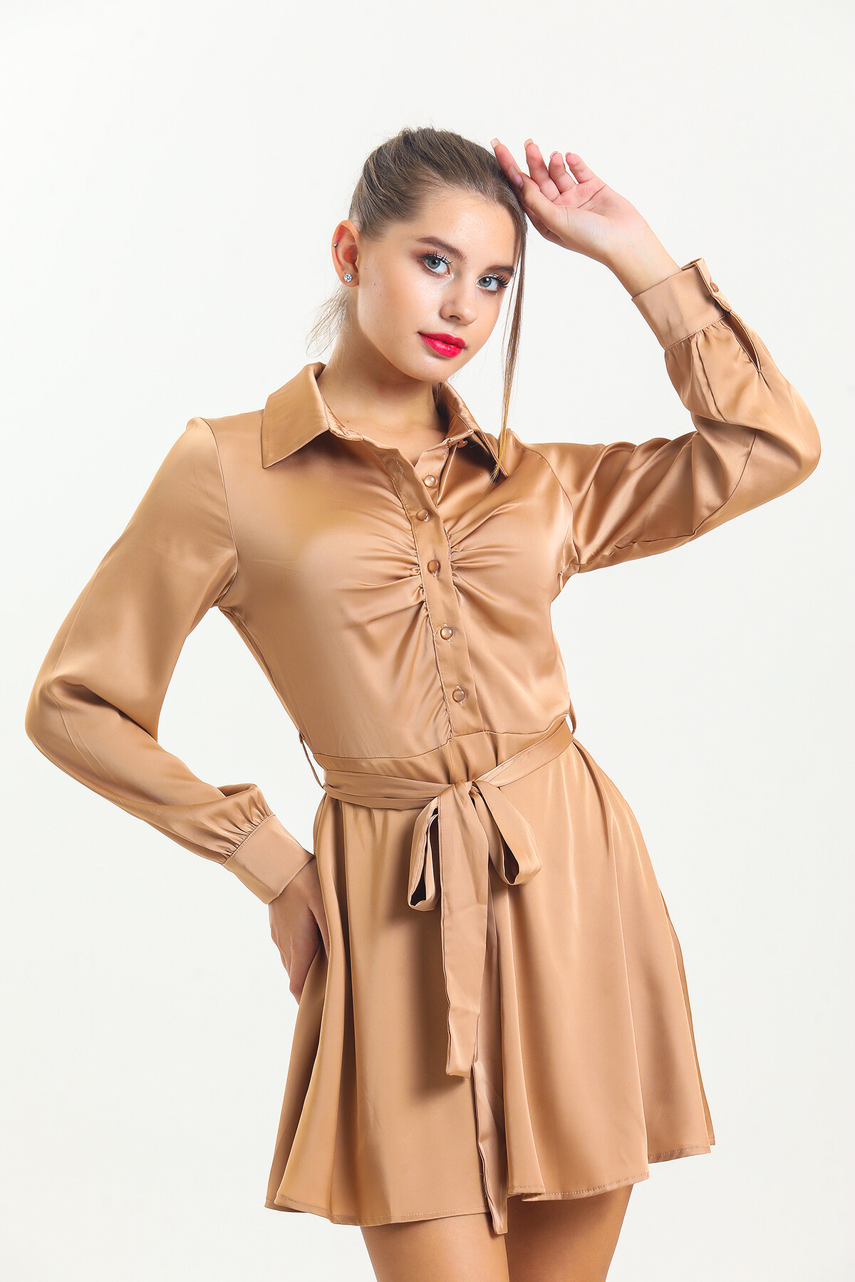 Kadın Gömlek Yaka Kuşaklı Uzun Kol Saten Elbise