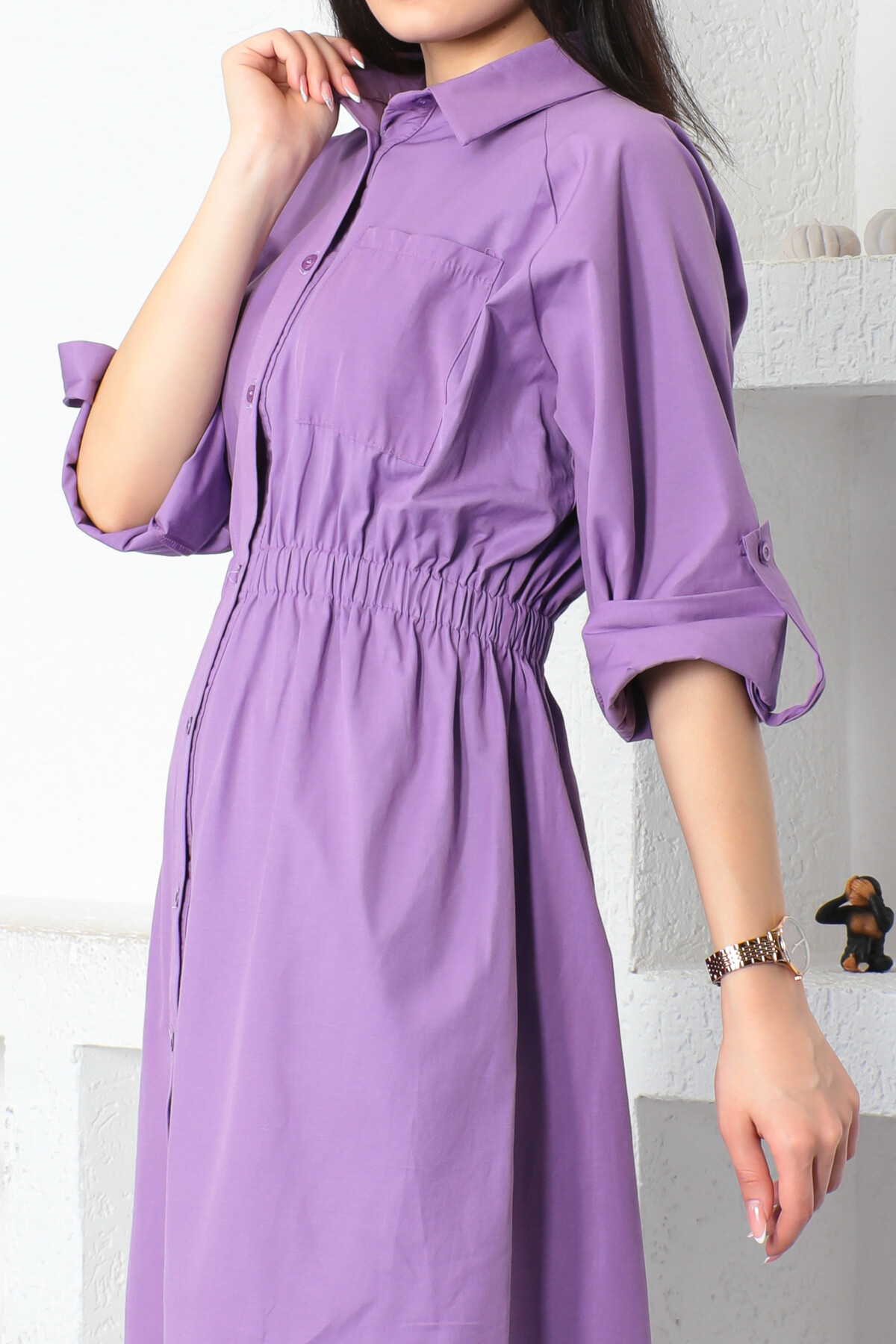 KADIN Gömlek Yaka Tek Cepli Beli Büzgülü Uzun Elbise