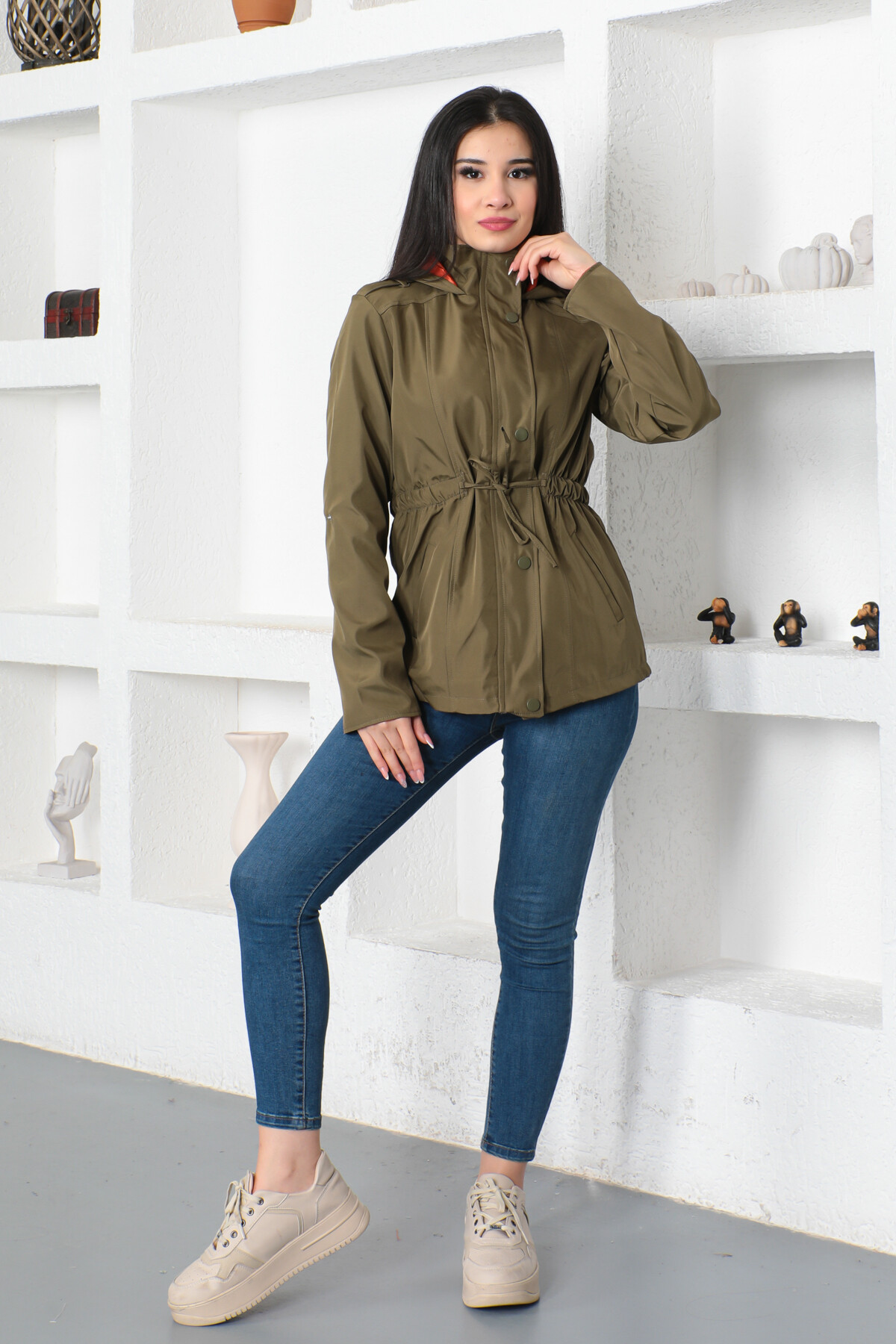KADIN Kapüşonlu Apoletli Beli Lastikli Cepli Mont