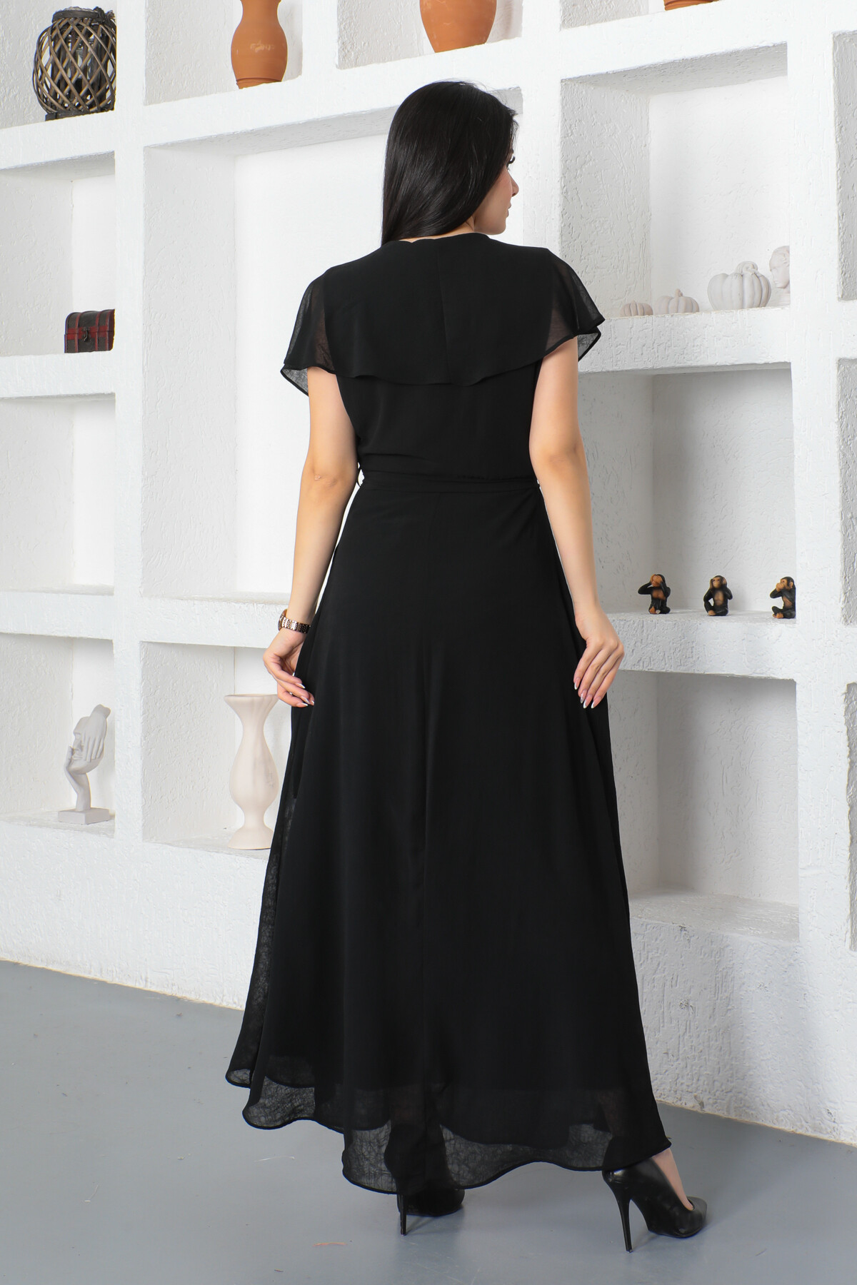 KADIN Kruvaze Yaka Yanı Fermuarlı Kuşaklı Kolsuz Uzun Şifon Elbise