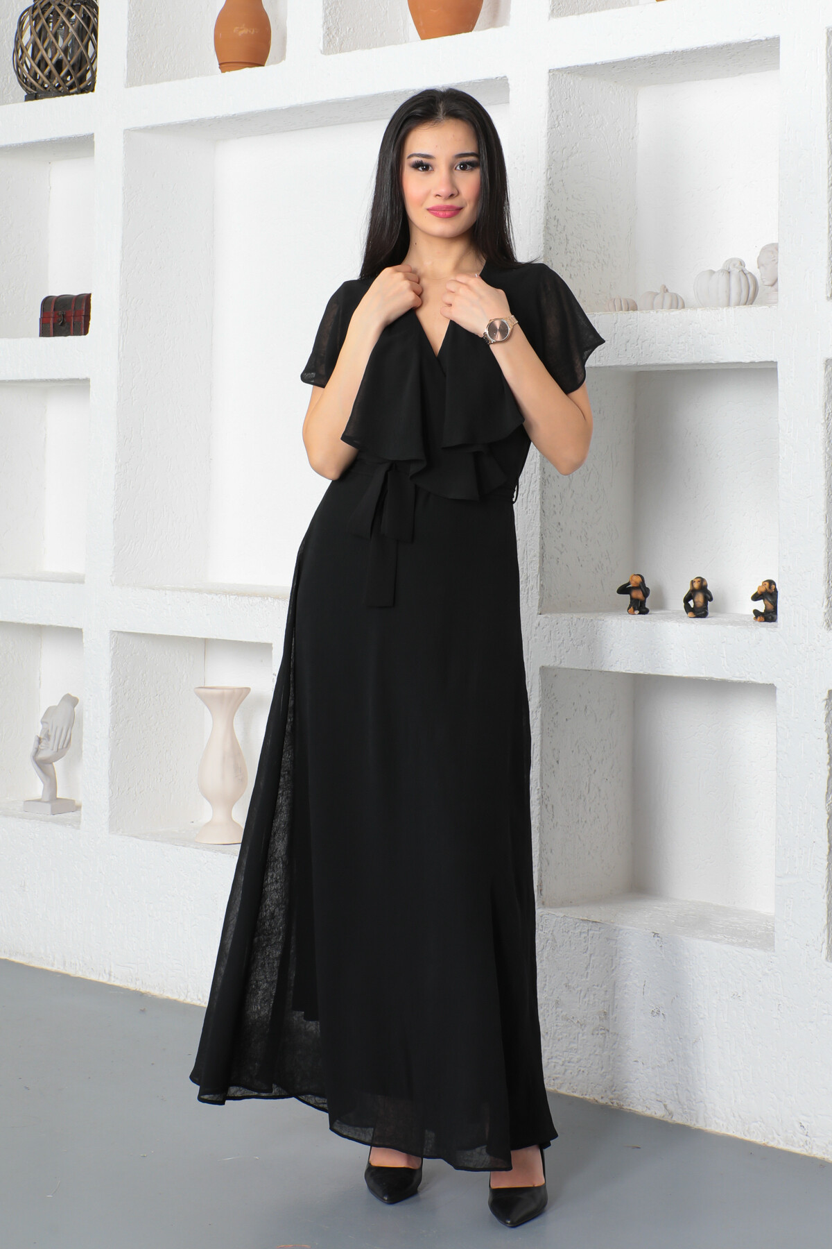 KADIN Kruvaze Yaka Yanı Fermuarlı Kuşaklı Kolsuz Uzun Şifon Elbise