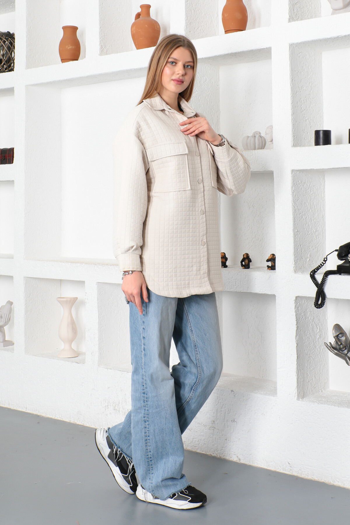 KADIN Önü Çıtçıtlı Kare Desenli İçi Astarlı Tunik