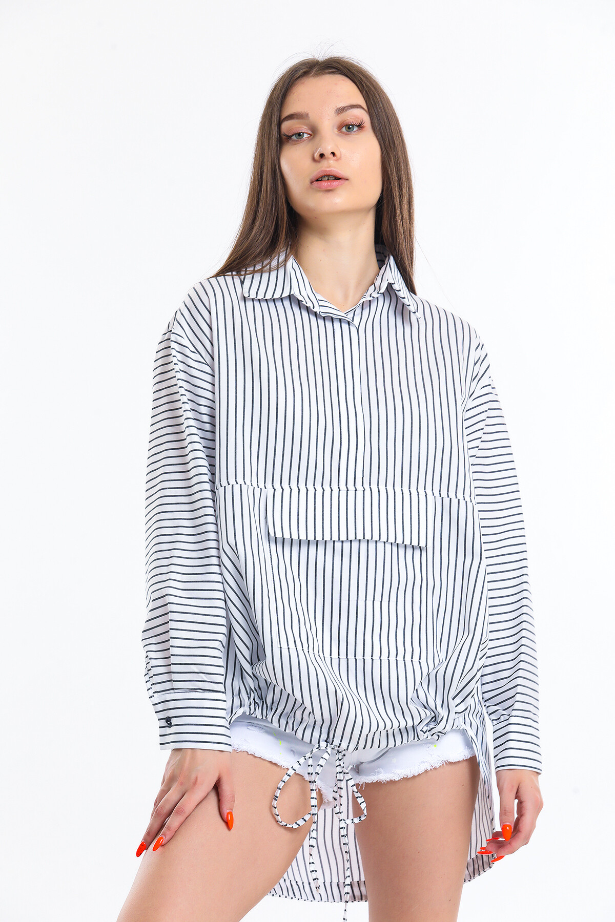 KADIN Önü Tek Cepli Eteği Bağcıklı Çizgili Oversize Gömlek