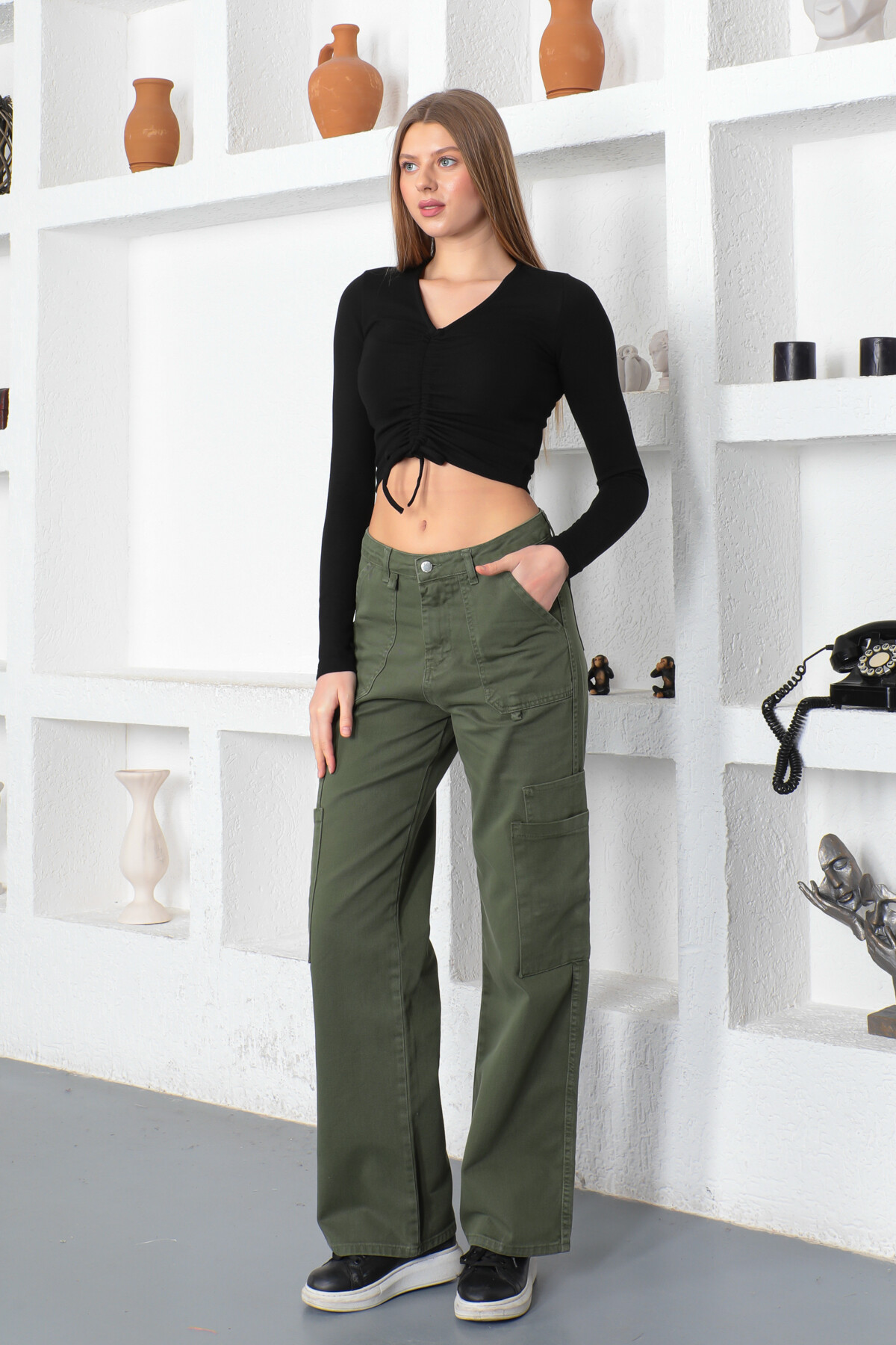 KADIN Yanları Çift Cepli Yüksekbel Bol Paça Gabardin Pantolon