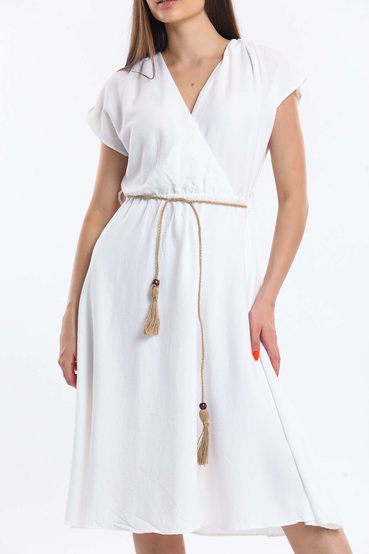 Kruvaze Yaka Beli Lastikli Yarasa Kol Bağcıklı İçi Astarlı Elbise