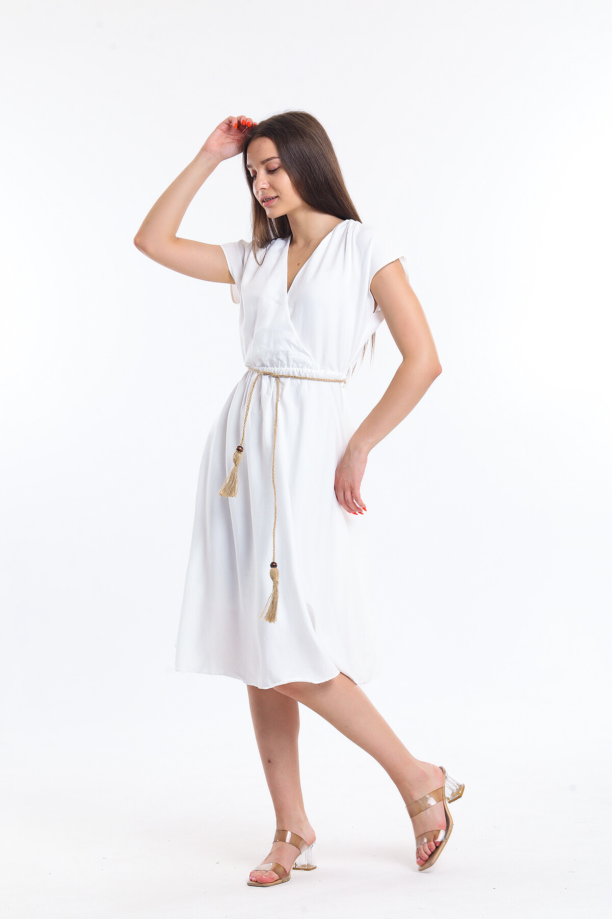 Kruvaze Yaka Beli Lastikli Yarasa Kol Bağcıklı İçi Astarlı Elbise