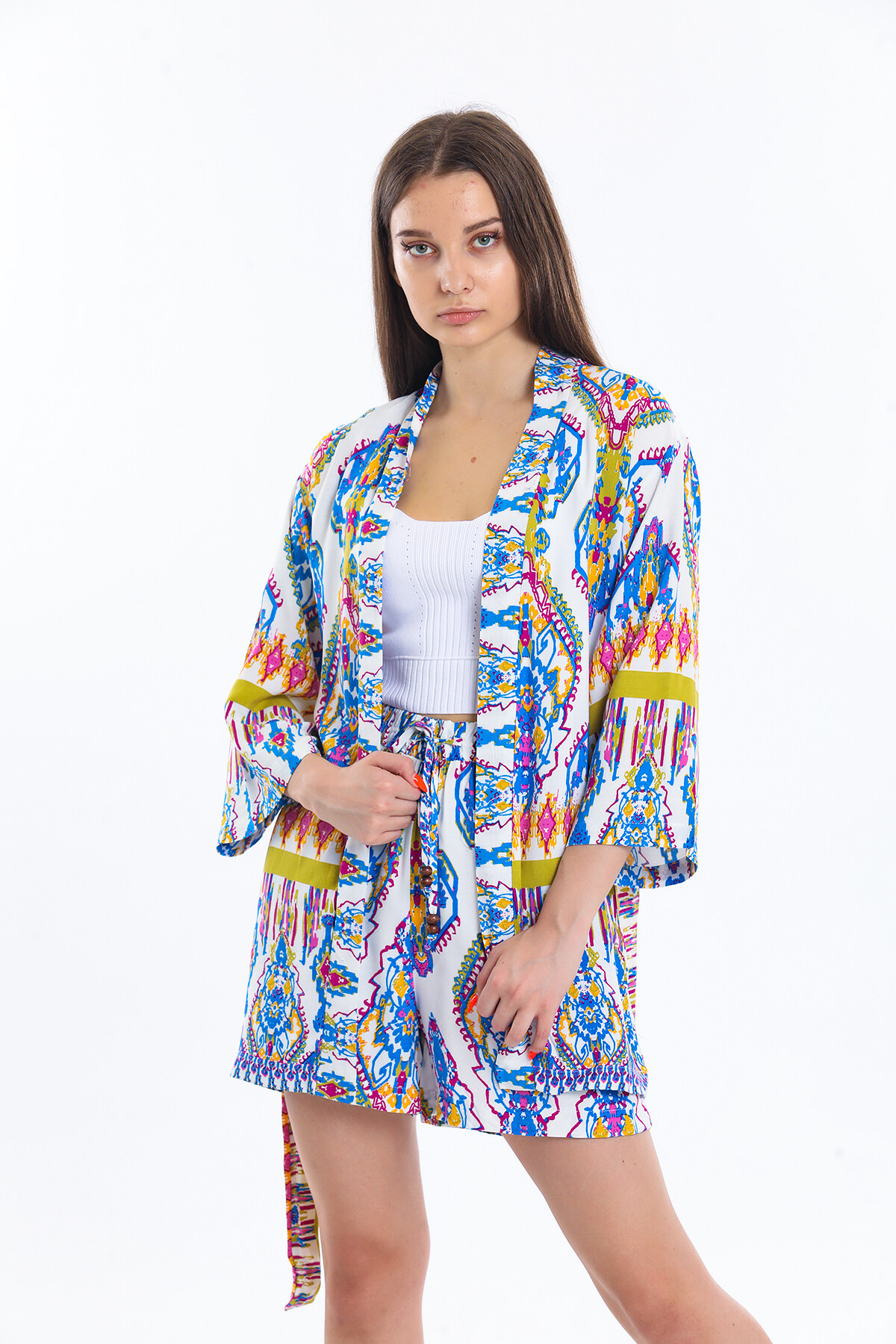 Kuşaklı Etnik Desenli Kimona Takım