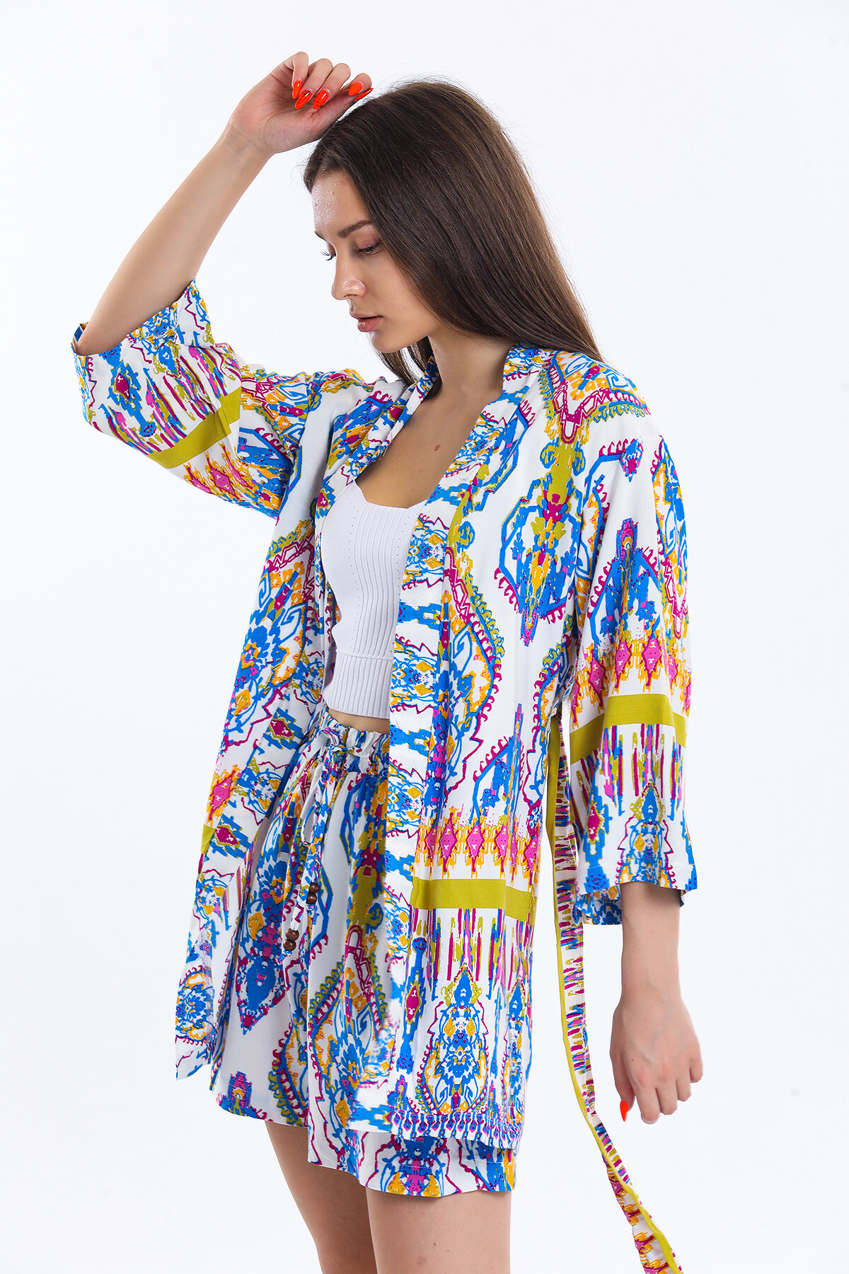 Kuşaklı Etnik Desenli Kimona Takım