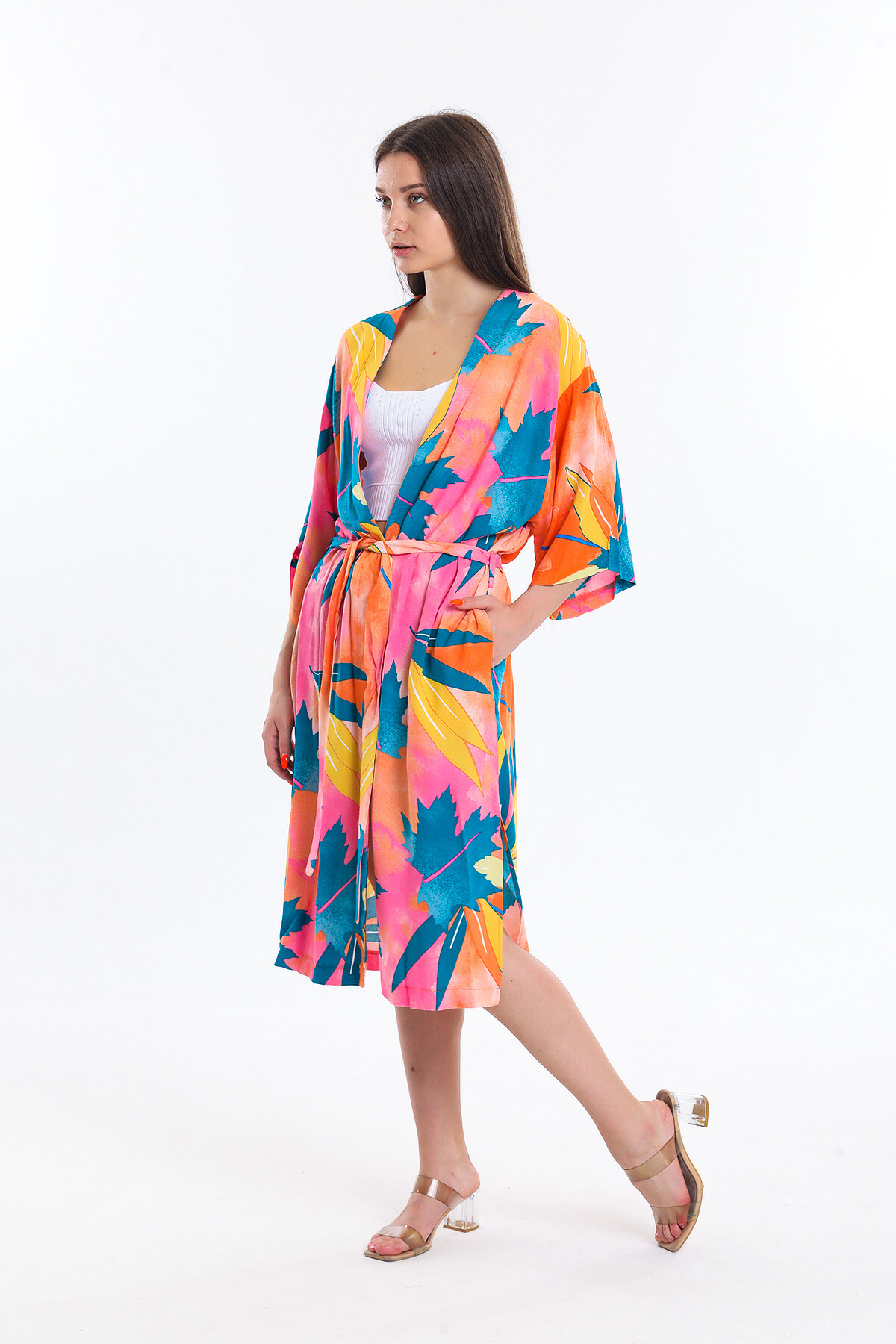 Kuşaklı Yarasa Kol Yaprak Desenli Uzun Hırka