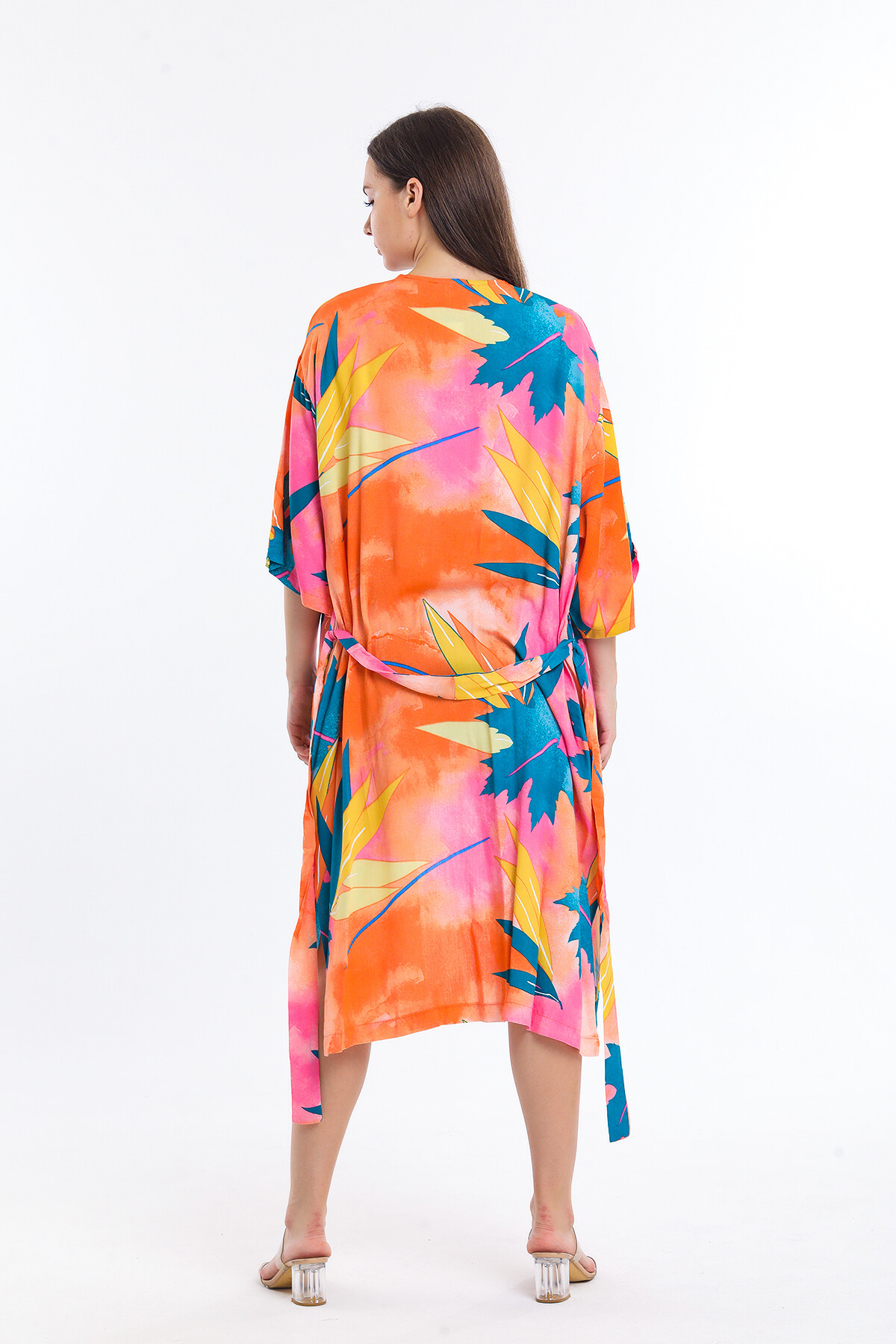 Kuşaklı Yarasa Kol Yaprak Desenli Uzun Hırka