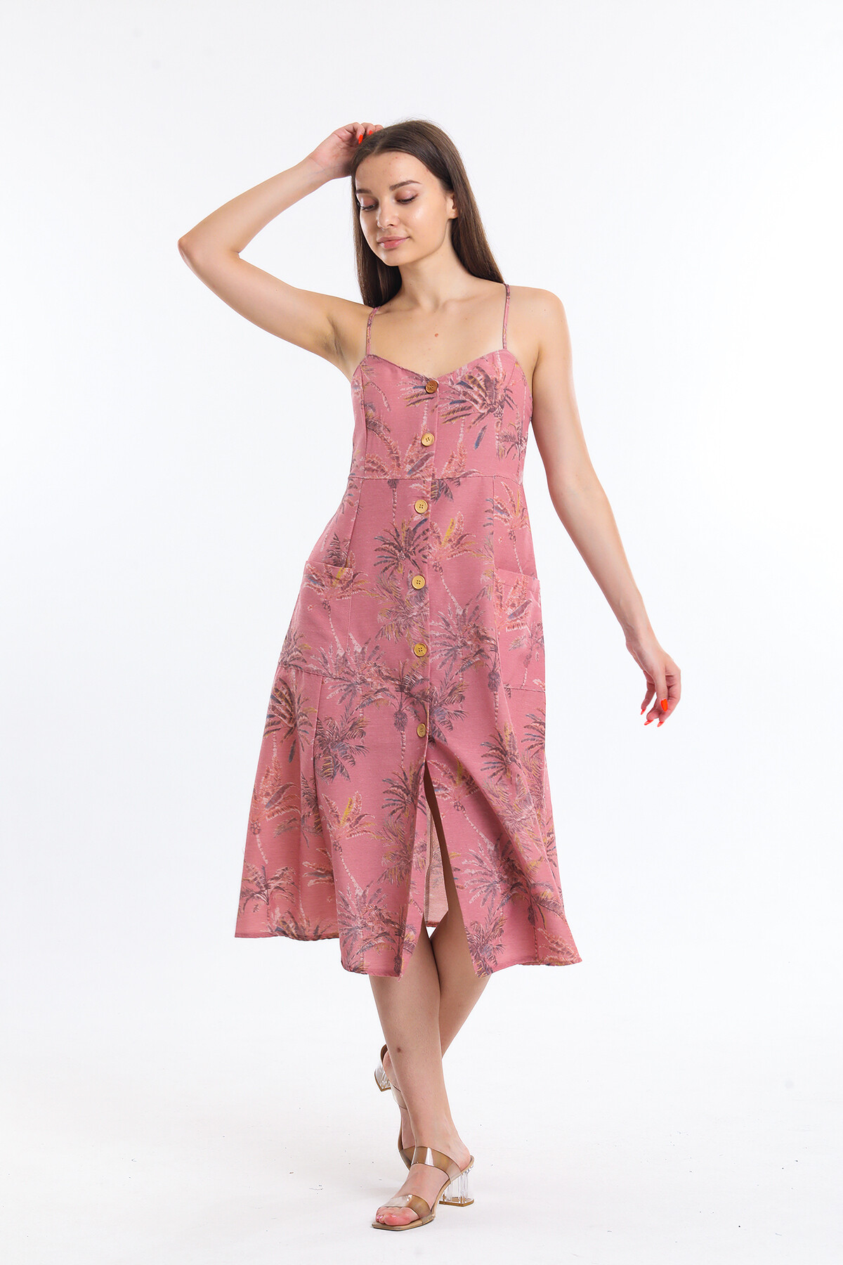 Önü Düğmeli Askılı Cepli Çiçek Desenli Elbise