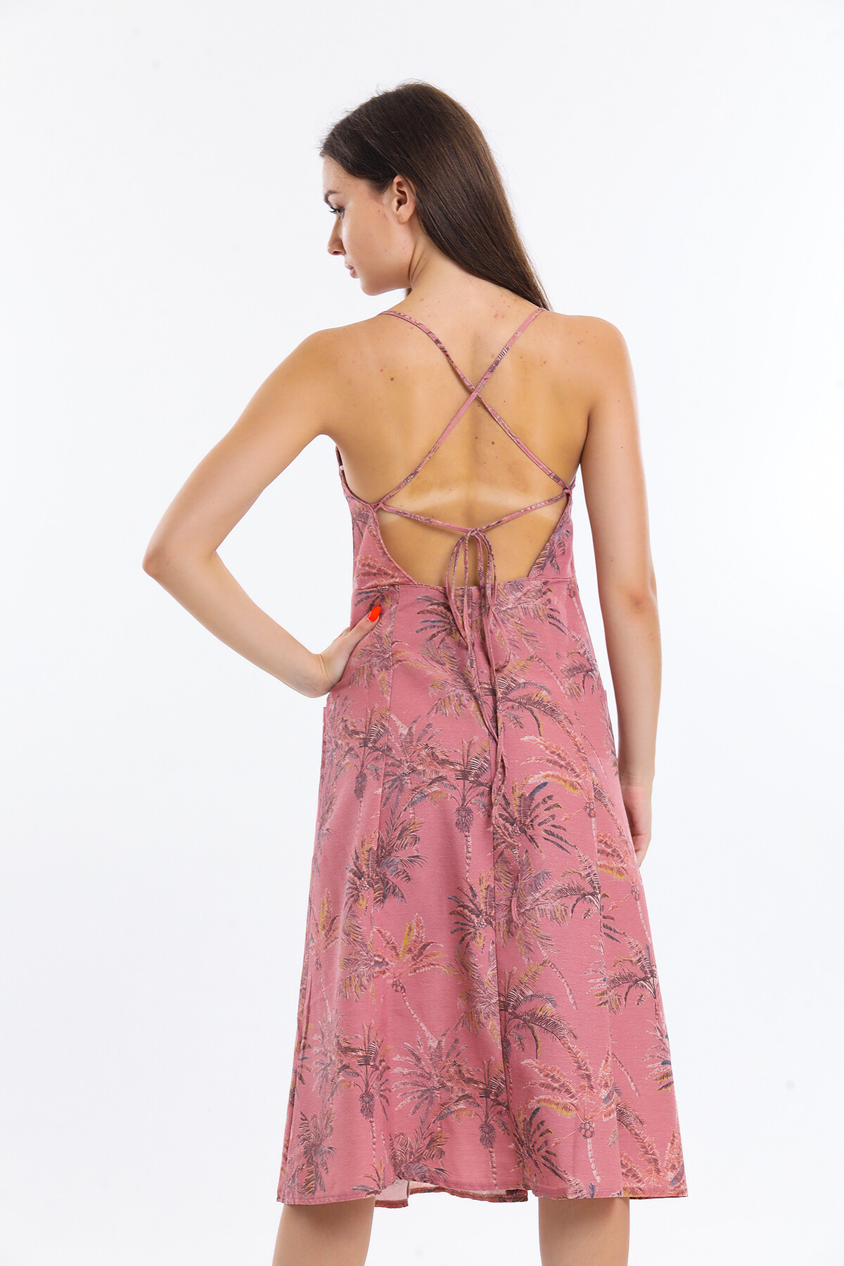 Önü Düğmeli Askılı Cepli Çiçek Desenli Elbise